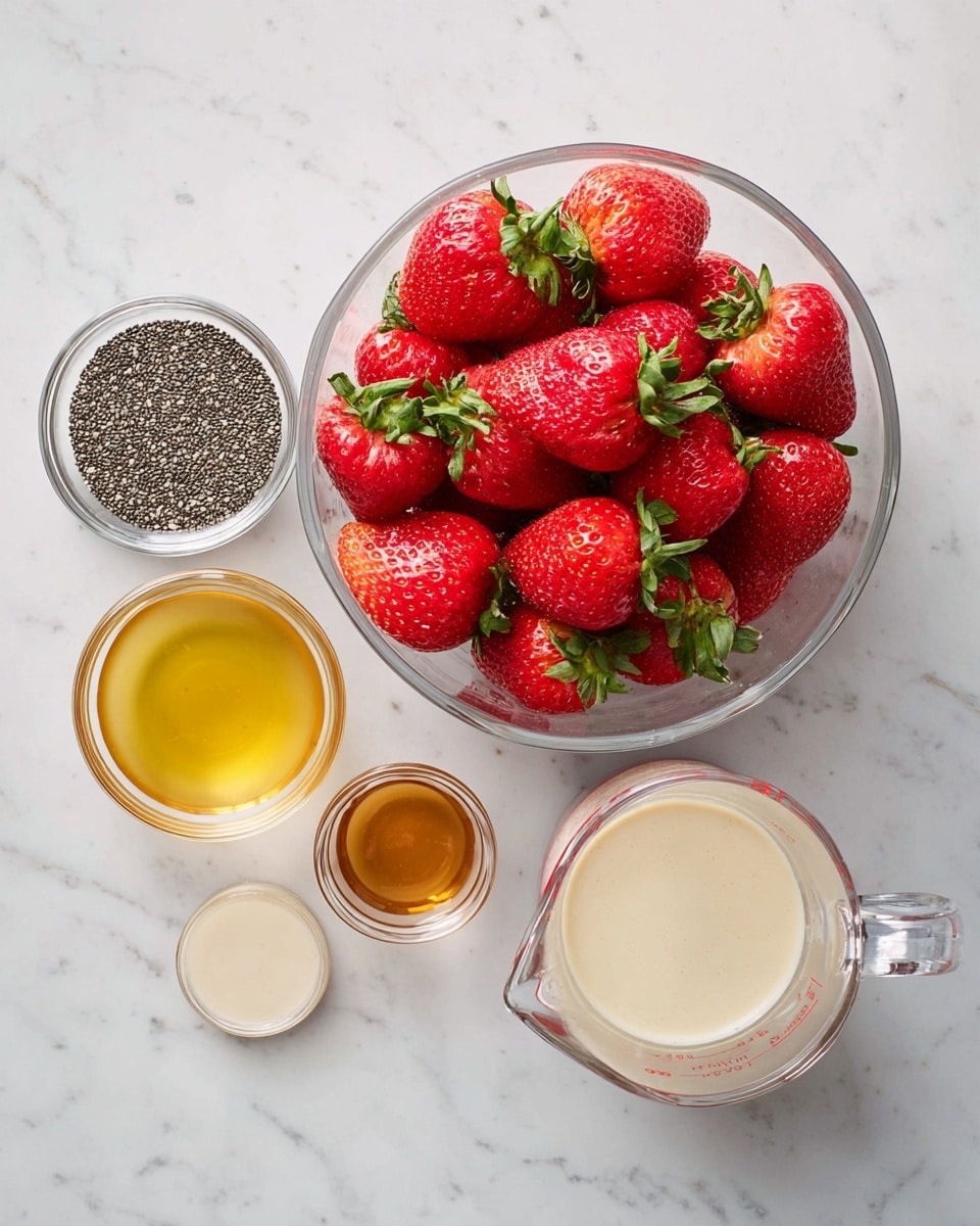 The image shows five clear glass containers arranged on a white marbled surface. In the center is a medium-sized bowl filled with many fresh, red strawberries with green stems. To the top left is a small bowl filled with black and white chia seeds. Below it, on the bottom left, is another small bowl filled with a golden yellow liquid honey. To the right of the strawberries is a clear glass measuring cup filled with a creamy, light beige liquid, likely some milk or milk alternative. Above the measuring cup, a small bowl contains a light brown liquid, possibly vanilla extract. All containers have a smooth, glossy texture, and the colors are vibrant and fresh. photo taken with an iphone --ar 4:5 --v 7