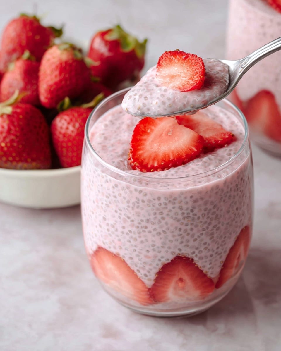 This image shows a clear glass filled with a three-layered dish. The bottom layer has slices of bright red strawberries placed against the glass. The middle and top layers are light pink chia seed pudding with a smooth but slightly bumpy texture from the seeds. On top, there are three strawberry slices arranged neatly. A silver spoon holds a scoop of the pudding just above the glass. In the background, there is a white bowl with whole red strawberries on a white marbled surface. Photo taken with an iphone --ar 4:5 --v 7