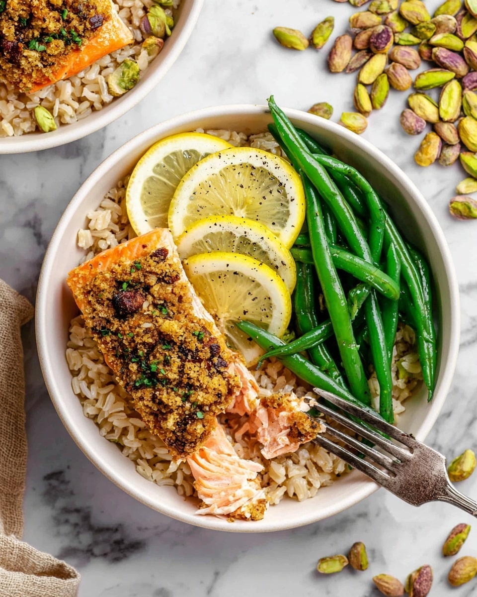 A white bowl with a few layers of food starts with a base of light brown rice. On top of the rice, on the left side, there is a piece of salmon with a golden, crispy nut crust that gives it a textured look, and a fork breaking the salmon to show its soft orange inside. Three thin lemon slices with black pepper are placed above the salmon on the rice. On the right side of the bowl is a neat pile of fresh, bright green cooked green beans with a little black pepper. The bowl is placed on a white marbled surface scattered with whole pistachios and some chopped nuts with green herbs. Another similar bowl is partly visible in the top left corner. photo taken with an iphone --ar 4:5 --v 7