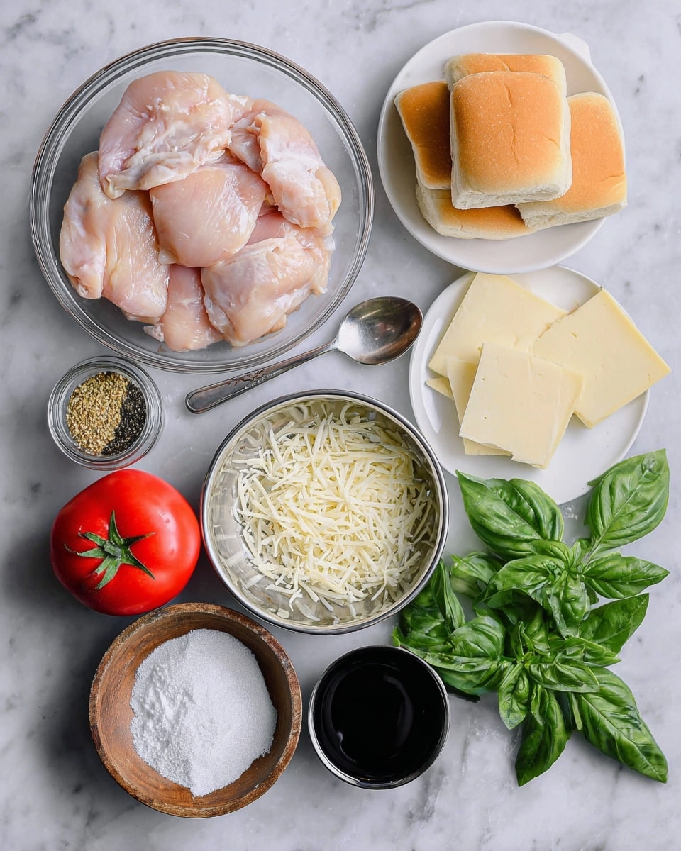The image shows raw chicken pieces placed inside a clear glass bowl at the bottom left. Above this bowl, there are four small white square sandwich buns stacked randomly. To the right of the buns, there is a white plate holding four slices of pale yellow cheese. Below the cheese plate, a small metal bowl is filled with shredded white cheese. Near the center, a large red tomato with a green stem sits next to fresh green basil leaves spread on the surface. There is a small dark bowl with a silver spoon holding a black liquid near the basil. On the left side, a small glass jar with a silver measuring spoon contains black and yellow seasoning, and a wooden bowl filled with coarse white salt also has a silver spoon inside. All ingredients are placed on a white marbled surface photo taken with an iphone --ar 4:5 --v 7