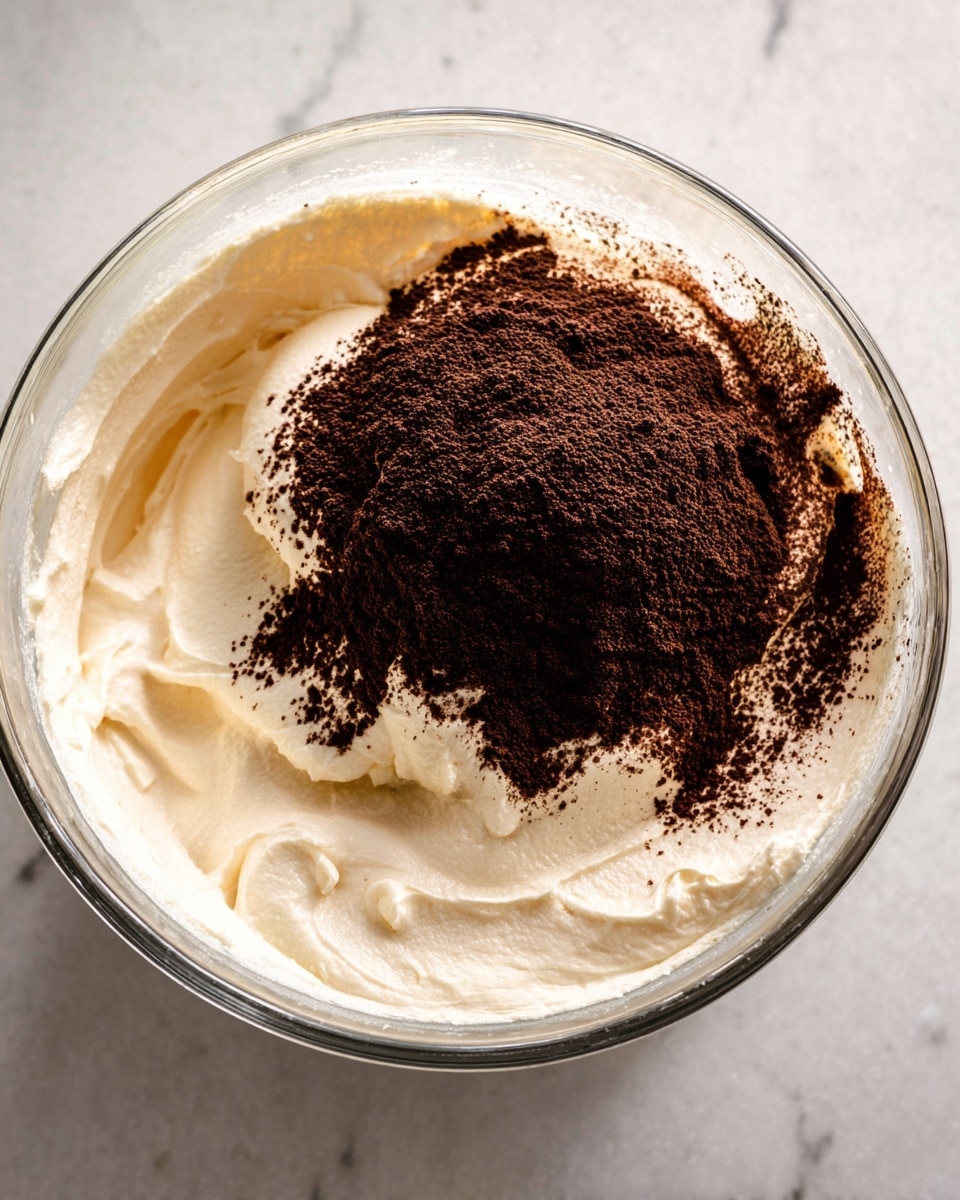 In a clear glass bowl sitting on a white marbled surface, there is a thick creamy light beige layer filling most of the bowl’s inside, with a mound of dark brown powder sprinkled on top, slightly covering parts of the creamy base. The creamy layer has a smooth yet fluffy texture, softly curving around the edges, while the dark brown powder contrasts sharply in color and has a fine, dry texture. Photo taken with an iphone --ar 4:5 --v 7