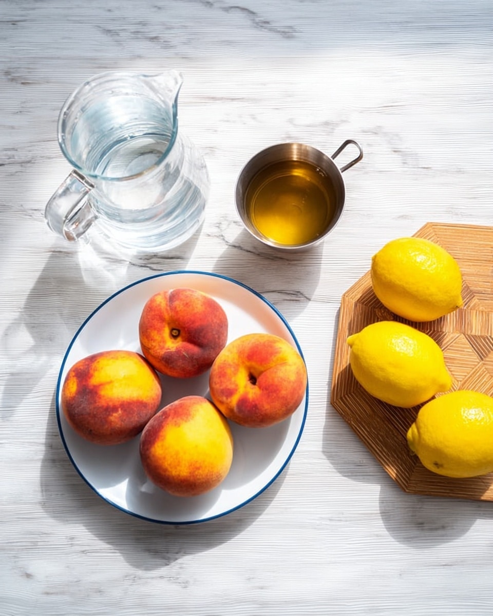 The image shows five peaches with red and yellow skin on a white plate with a blue rim placed on a white marbled surface. To the top left is a clear glass pitcher filled with water, and to the right is a small metal measuring cup with a golden liquid inside. On the far right, five bright yellow lemons rest on a wooden geometric cutting board. The overall scene is bright with soft natural light coming from above, enhancing the fresh and colorful look of the fruits and items. photo taken with an iphone --ar 4:5 --v 7