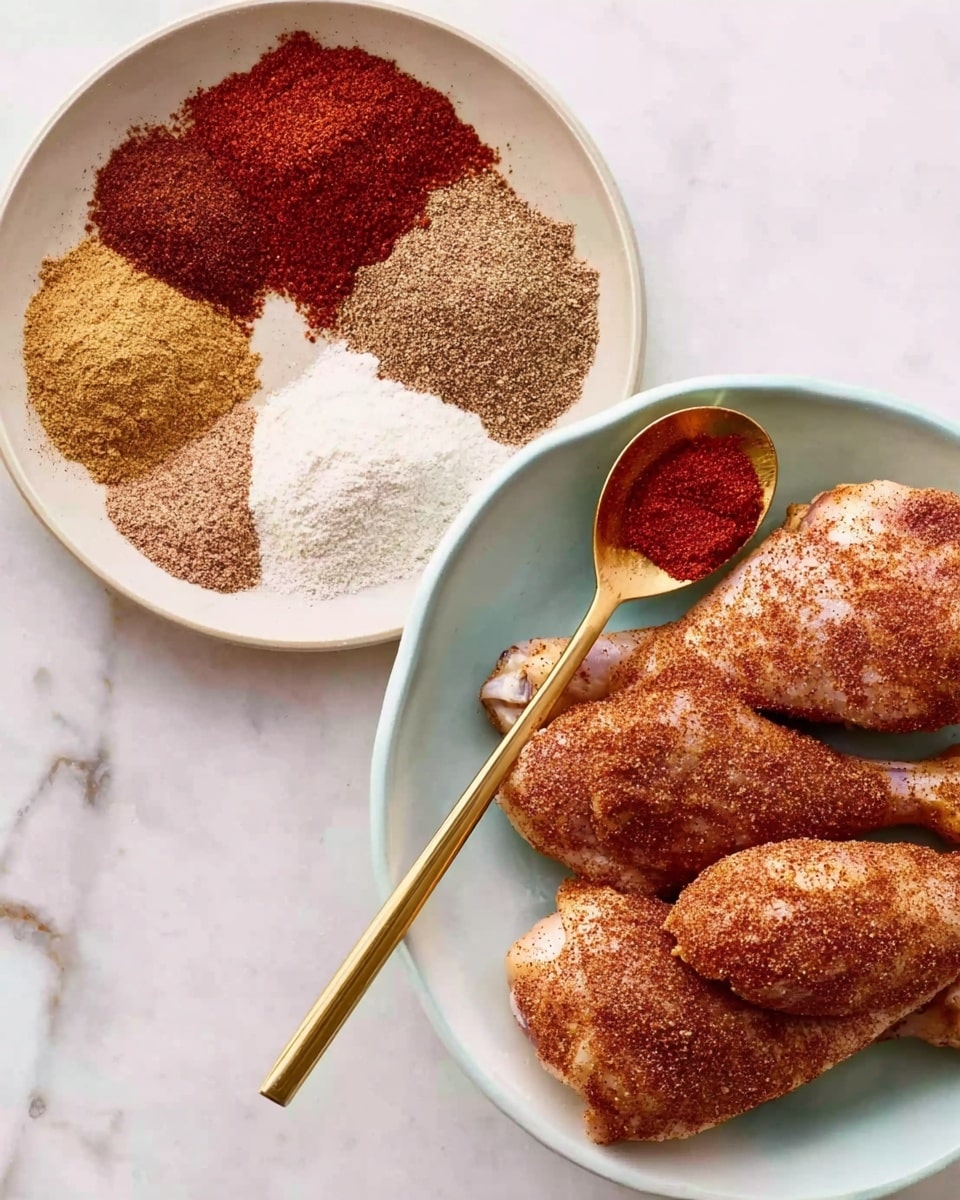 The first image shows a white bowl with seven different spices arranged in small piles around the bowl, including red, brown, white, and tan powders, while a gold spoon filled with a bright red spice rests inside the bowl. The second image shows four chicken drumsticks on a white plate, each coated evenly with a mix of reddish and brown spices, giving them a textured, slightly powdery look. Both images have a white marbled surface background. photo taken with an iphone --ar 4:5 --v 7