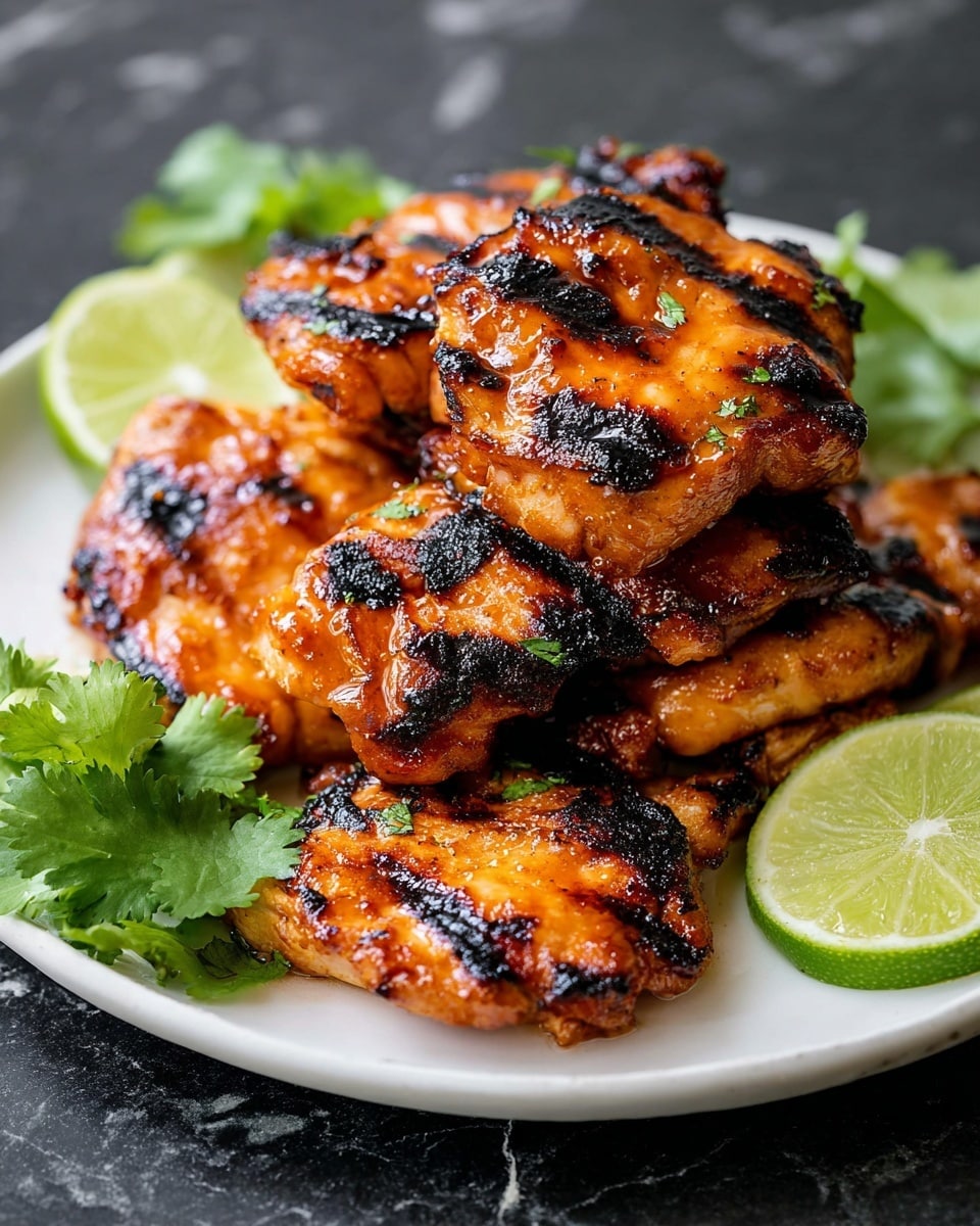 A stack of six grilled chicken pieces with dark char marks sits on a white plate, showing a glossy, slightly sticky orange glaze on each piece. The chicken is arranged in a casual pile, with some pieces overlapping, and garnished with bright green cilantro leaves on the left side. Behind the chicken, there are three lime slices, adding a fresh touch with their pale green color and textured surface. The plate is placed on a white marbled surface, highlighting the rich colors and textures of the grilled chicken and garnishes. photo taken with an iphone --ar 4:5 --v 7