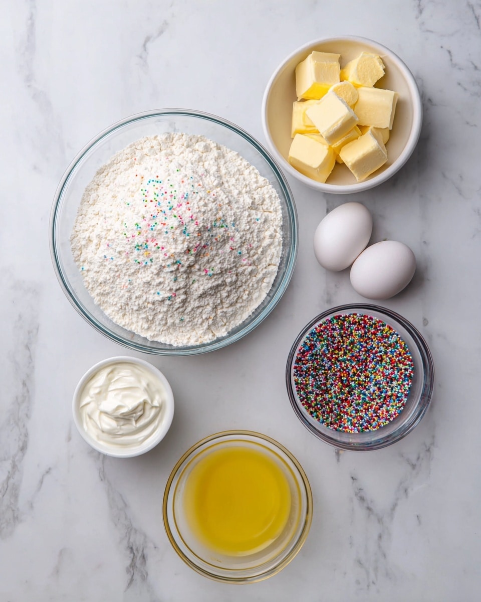 A top view of baking ingredients on a white marbled surface arranged neatly: a large clear glass bowl filled with white flour mixed with tiny colored specks at the top center; below it to the left is a small white bowl with pale yellow butter pieces; next to the bowl are two white eggs placed side by side; to the right of the eggs is a small clear glass bowl with colorful rainbow sprinkles; below the sprinkles is a small clear glass bowl filled with melted yellow butter; and at the bottom left is a small white bowl holding white cream. photo taken with an iphone --ar 4:5 --v 7