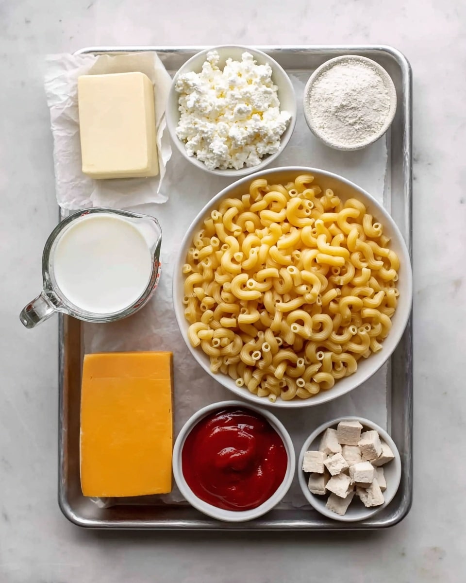 A metal tray holds eight cooking ingredients arranged neatly on a white marbled surface. In the center is a large white bowl filled with uncooked elbow macaroni, golden yellow and curved. To the lower right, a white bowl holds small, light beige cubed pieces of cooked chicken. Above the macaroni, a white bowl contains white cottage cheese with a lumpy, soft texture. To the left of the cottage cheese is a glass measuring cup filled with white milk. Below the cup is a small white bowl with white salt. To the lower left of the macaroni is a thick block of orange cheddar cheese, smooth with sharp edges. Next to this is a small white bowl with bright red ketchup. Above the ketchup is a small white bowl with fine, light beige flour. In the top left corner, a slab of butter with a pale yellow color rests on white paper. photo taken with an iphone --ar 4:5 --v 7