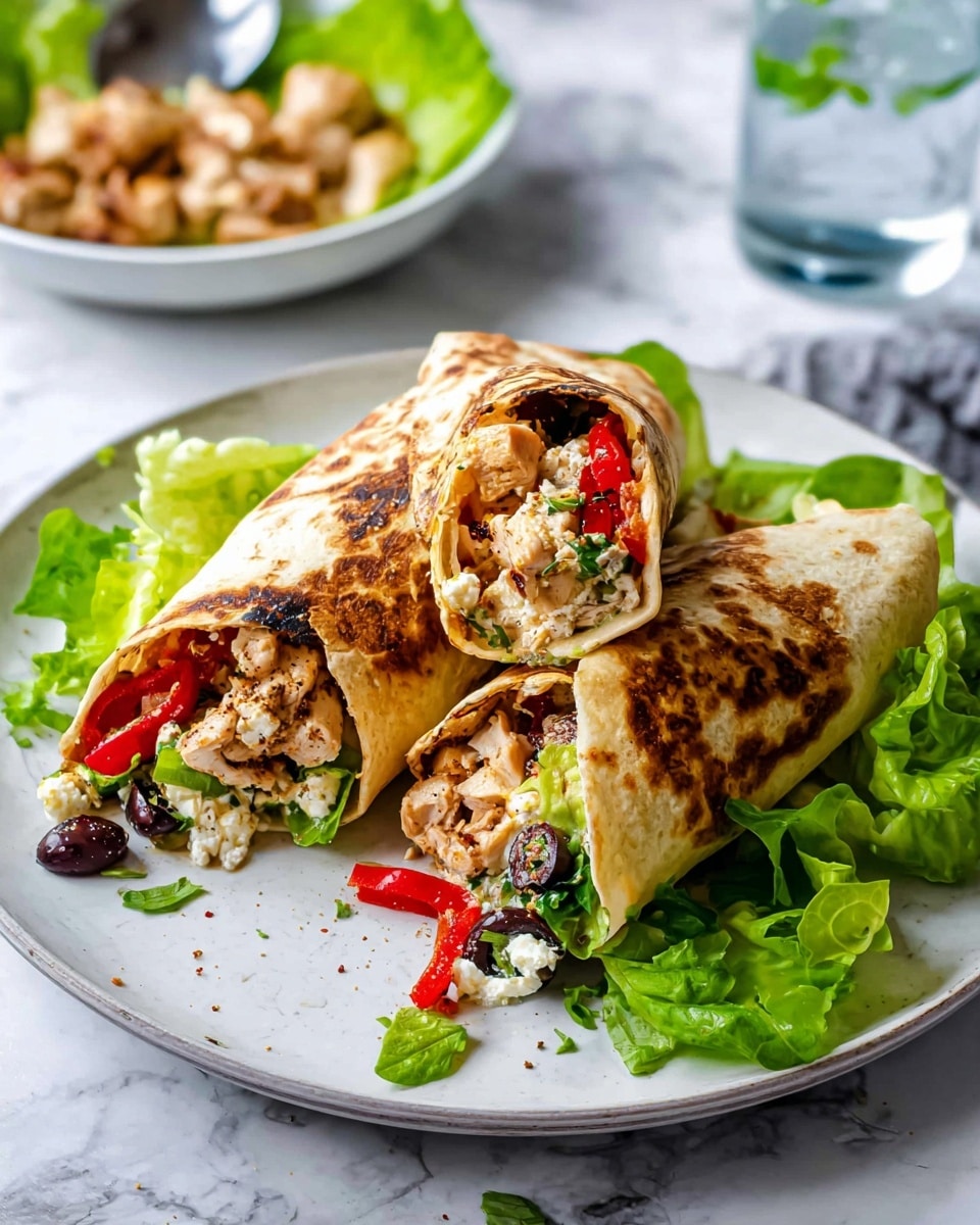 Two wrapped tortillas with a browned, grilled outer layer are placed overlapping on a white plate. Inside each tortilla, there are pieces of cooked chicken mixed with red bell pepper slices, chopped green and black olives, and small bits of white cheese, with some finely chopped leafy greens peeking out. Fresh green lettuce leaves are placed around the tortillas on the plate. In the background, there’s a white bowl with more green lettuce, a spoon filled with more chicken pieces, and a glass of iced water. The dish is set on a white marbled surface. photo taken with an iphone --ar 4:5 --v 7