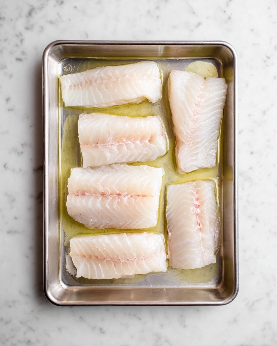 The image shows a metal baking tray with seven pieces of raw white fish fillets placed inside it. The fillets vary in size but all have a smooth texture with pale white color and slight pinkish lines running across them. The fish pieces are spread evenly, lying flat against the tray's surface, which holds a thin layer of light yellow oil around the fillets. The tray itself rests on a white marbled surface, creating a clean and simple background. photo taken with an iphone --ar 4:5 --v 7