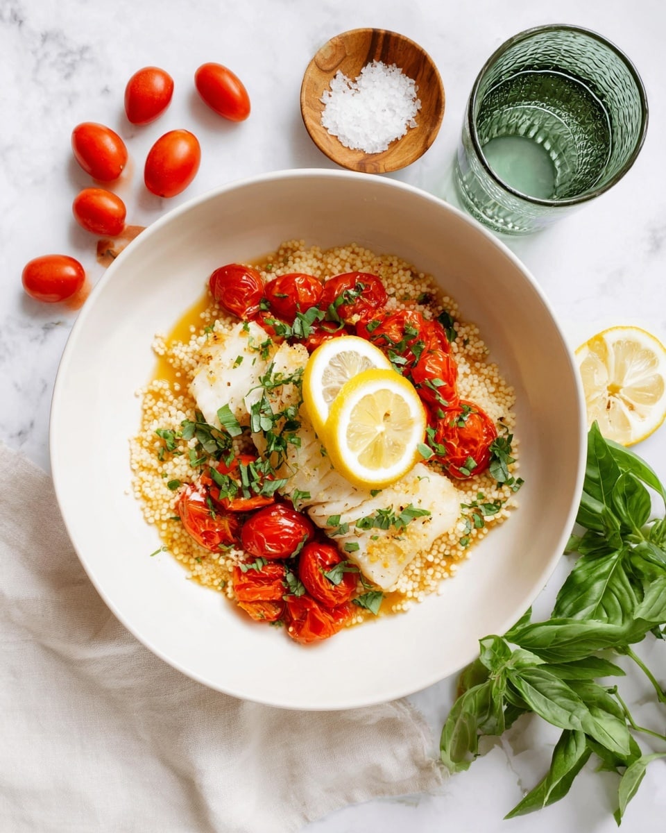The dish is served in a white bowl placed on a white marbled surface. The lowest layer consists of small, round, white couscous with a slightly shiny texture from a light sauce. On top of the couscous, there are cooked cherry tomatoes that are soft and bright red, clustered mostly on one side. A white piece of fish fillet sits in the center, flaky with a gentle golden tint on the top edges. Two thin lemon slices lay on the upper side of the fish. Finely chopped fresh green herbs are sprinkled evenly across the fish, tomatoes, and couscous, adding a fresh contrast. Around the bowl, there are loose cherry tomatoes, a small wooden bowl with coarse salt, lemon wedges, and fresh green basil leaves. A clear green-tinted glass with water is placed to the right side of the bowl. Photo taken with an iphone --ar 4:5 --v 7