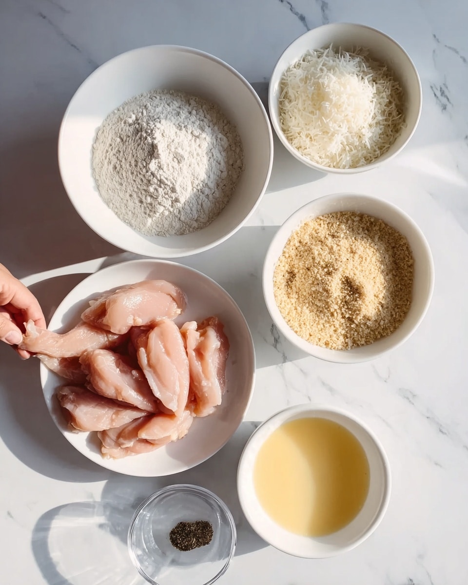The image shows five white bowls placed on a white marbled surface, each containing different ingredients for cooking. The largest bowl at the bottom left holds several pieces of raw light pink chicken tenderloins arranged neatly. At the top left, a medium white bowl contains a pile of white flour. To the top right, another medium white bowl is divided into two sections: one side has white shredded coconut and the other side beige breadcrumbs. Below that bowl, a smaller white bowl is filled with a smooth pale yellow liquid mixture, likely beaten eggs. In the center bottom, a tiny clear glass bowl contains a small amount of black pepper. A woman's hand is picking up a piece of chicken from the meat bowl. The lighting is natural and bright, highlighting the clean, fresh colors of the ingredients. Photo taken with an iphone --ar 4:5 --v 7