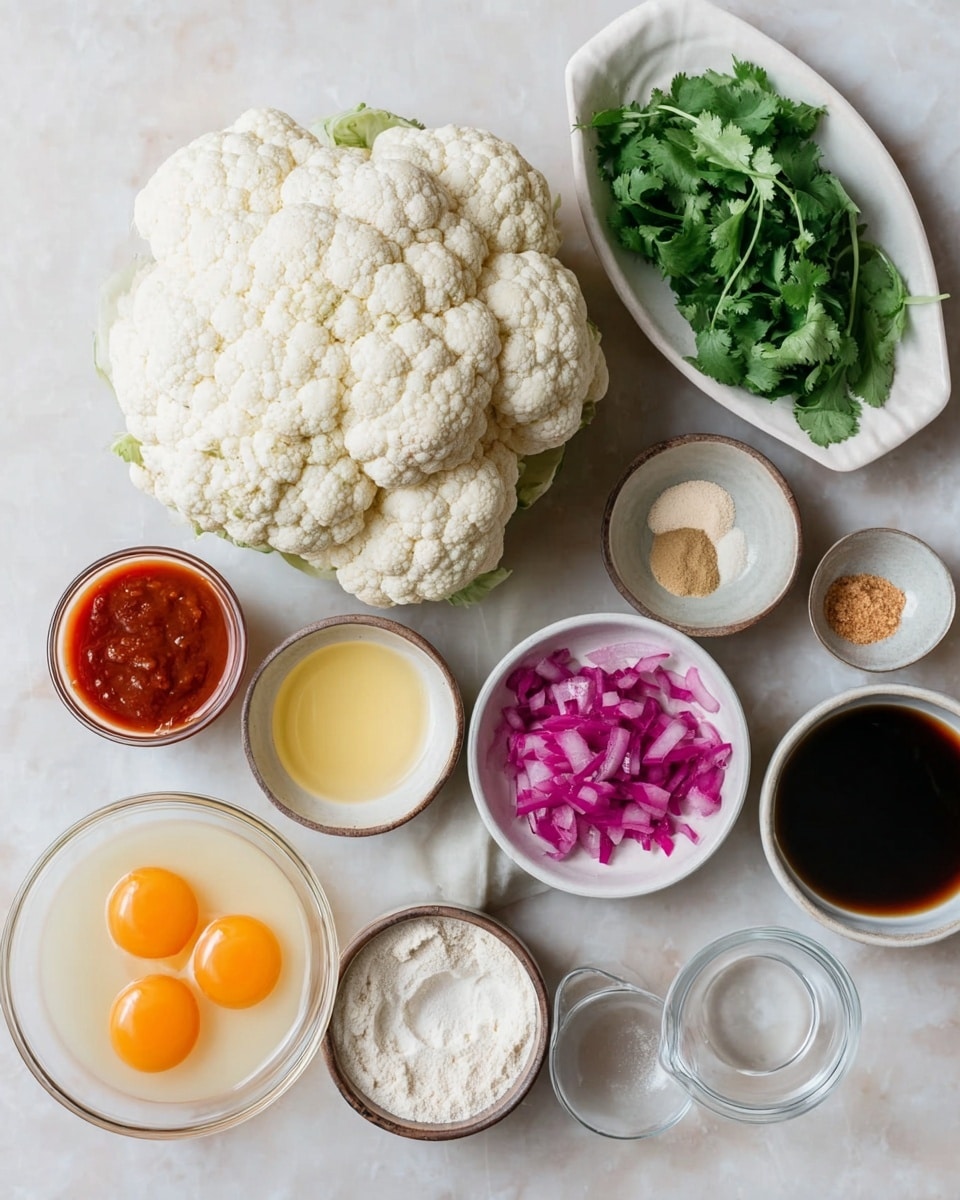 A large whole cauliflower head sits in the middle on a white marbled surface, surrounded by small white bowls and dishes. At the top right, a white oval dish holds fresh green cilantro leaves. Next to the cauliflower, small clear and white bowls contain bright red sauce, creamy white sauce with specks, finely chopped pickled purple onions, two raw eggs with vibrant orange yolks in a beige bowl, light yellow melted butter in a small glass bowl, light brown garlic powder in a glass bowl, white flour in a metal cup, and small amounts of amber and dark soy-like liquid in white bowls. A clear small empty glass bowl is also present. photo taken with an iphone --ar 4:5 --v 7