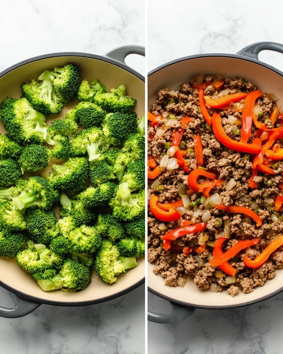 The image shows two side-by-side pans on a white marbled surface. The left pan is filled with bright green broccoli pieces arranged evenly, with a mix of florets and smaller stalk pieces, giving a fresh and healthy appearance. The right pan contains cooked ground meat mixed with small chopped onions and thin slices of vibrant orange-red bell peppers scattered throughout, creating a colorful contrast with the browned meat. Both pans are light beige inside with a black rim. photo taken with an iphone --ar 4:5 --v 7