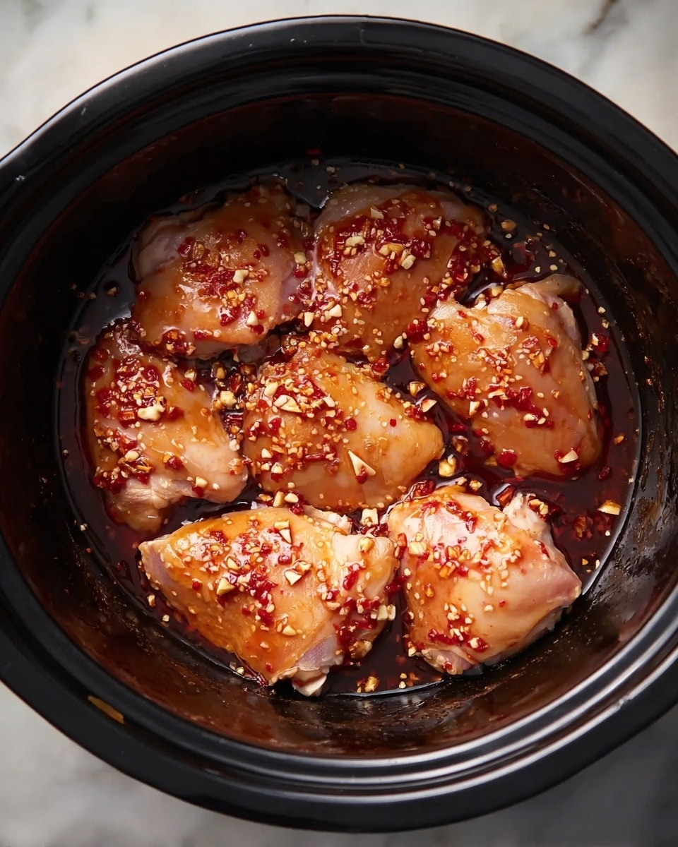 The image shows a black slow cooker bowl with seven pieces of raw chicken thighs placed inside. The chicken pieces are covered with a shiny, reddish sauce that has small white garlic bits and red chili flakes scattered all over. The sauce looks thick and evenly coats each piece of chicken. The bowl sits on a white marbled surface. photo taken with an iphone --ar 4:5 --v 7