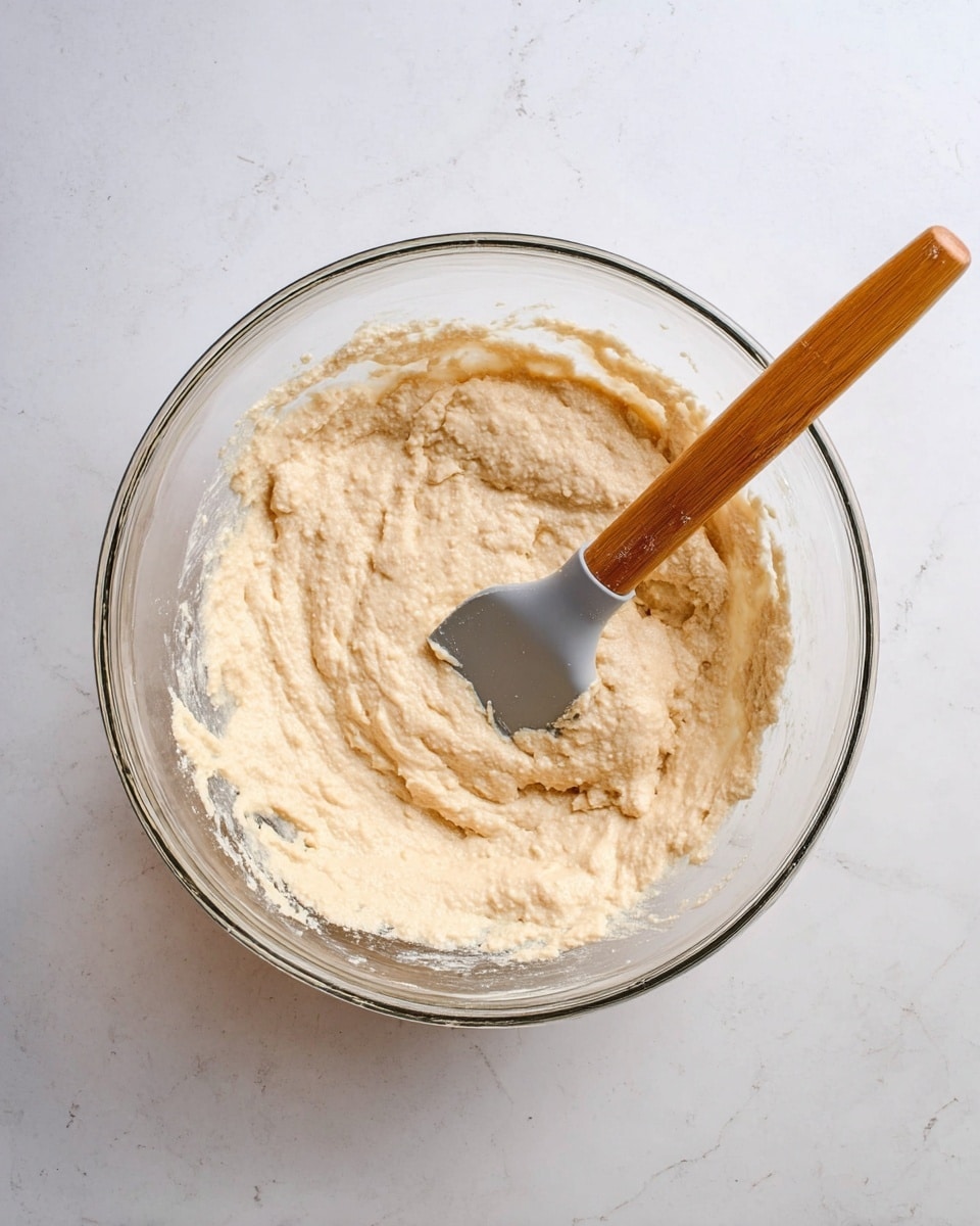 A clear glass bowl sits on a white marbled surface, filled with a thick, light beige batter that has a slightly lumpy texture. A spatula with a wooden handle and a gray silicone head is partially submerged in the batter on the right side, with some of the batter clinging to it. The batter fills about half the height of the bowl, and the bowl's sides show smears of the mixture. photo taken with an iphone --ar 4:5 --v 7