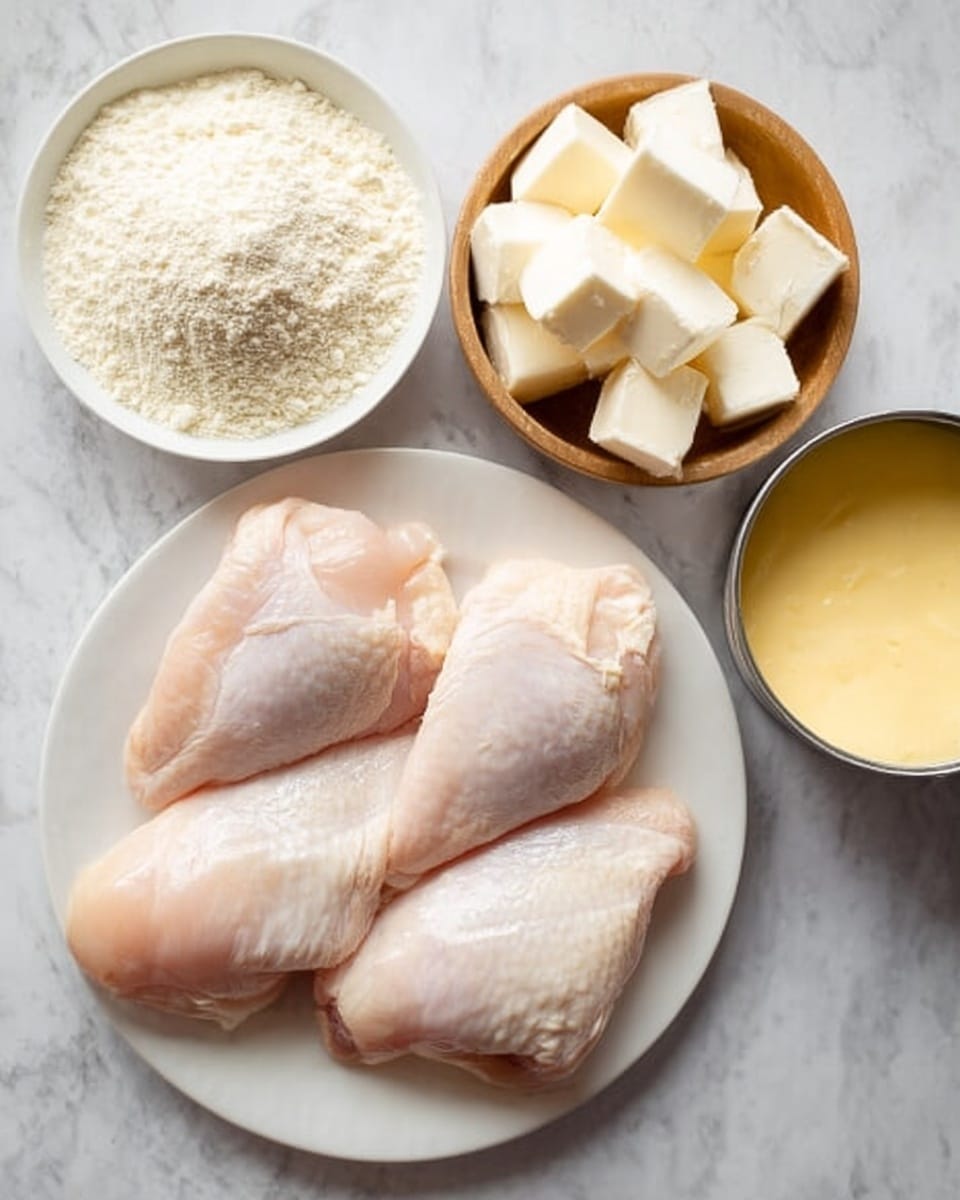 The image shows a white plate with four raw chicken pieces placed side by side, their pale pink skin smooth and shiny. Next to the plate, there is a small white bowl filled with a light beige powder, likely flour, with a fine texture. Above it, a small wooden bowl holds white cubes of solid butter, each cube looking firm and cleanly cut. To the right, there is a metal can opened on top, revealing creamy yellow condensed milk with a smooth and thick texture. The items are laid out on a white marbled surface that adds a soft and neutral background. Photo taken with an iphone --ar 4:5 --v 7