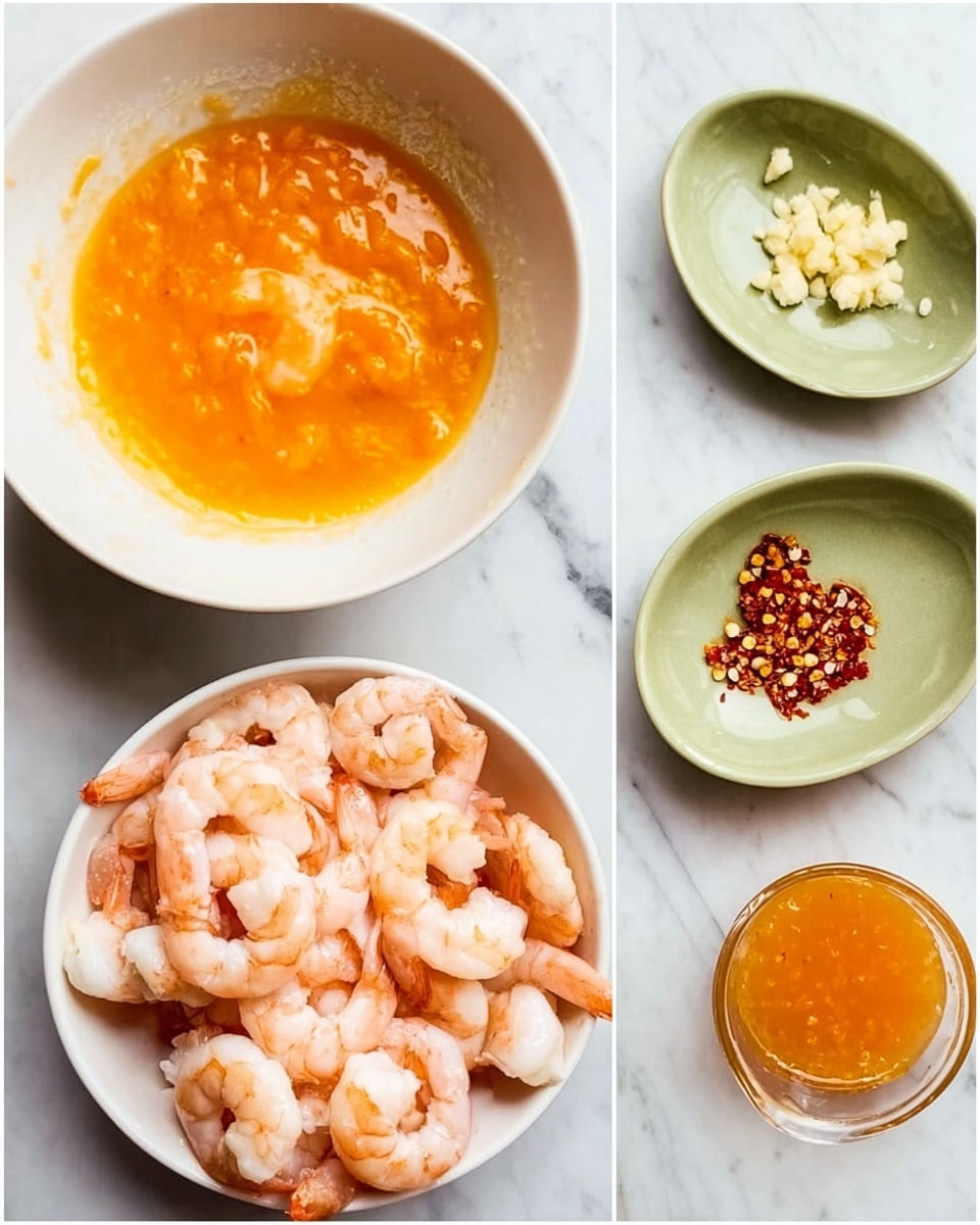 The image shows two white bowls on a white marbled surface. The first bowl contains a bright orange sauce with a smooth texture and a shiny surface, while the second bowl is filled with peeled shrimp that have a light pink color and a slightly translucent texture. Nearby on the same white marbled surface are two small green plates shaped like leaves, one holding minced garlic and the other holding crushed red pepper flakes. There is also a small cup with more orange sauce visible. The overall scene is clean and bright, with the shrimp and sauces standing out vividly. Photo taken with an iphone --ar 4:5 --v 7