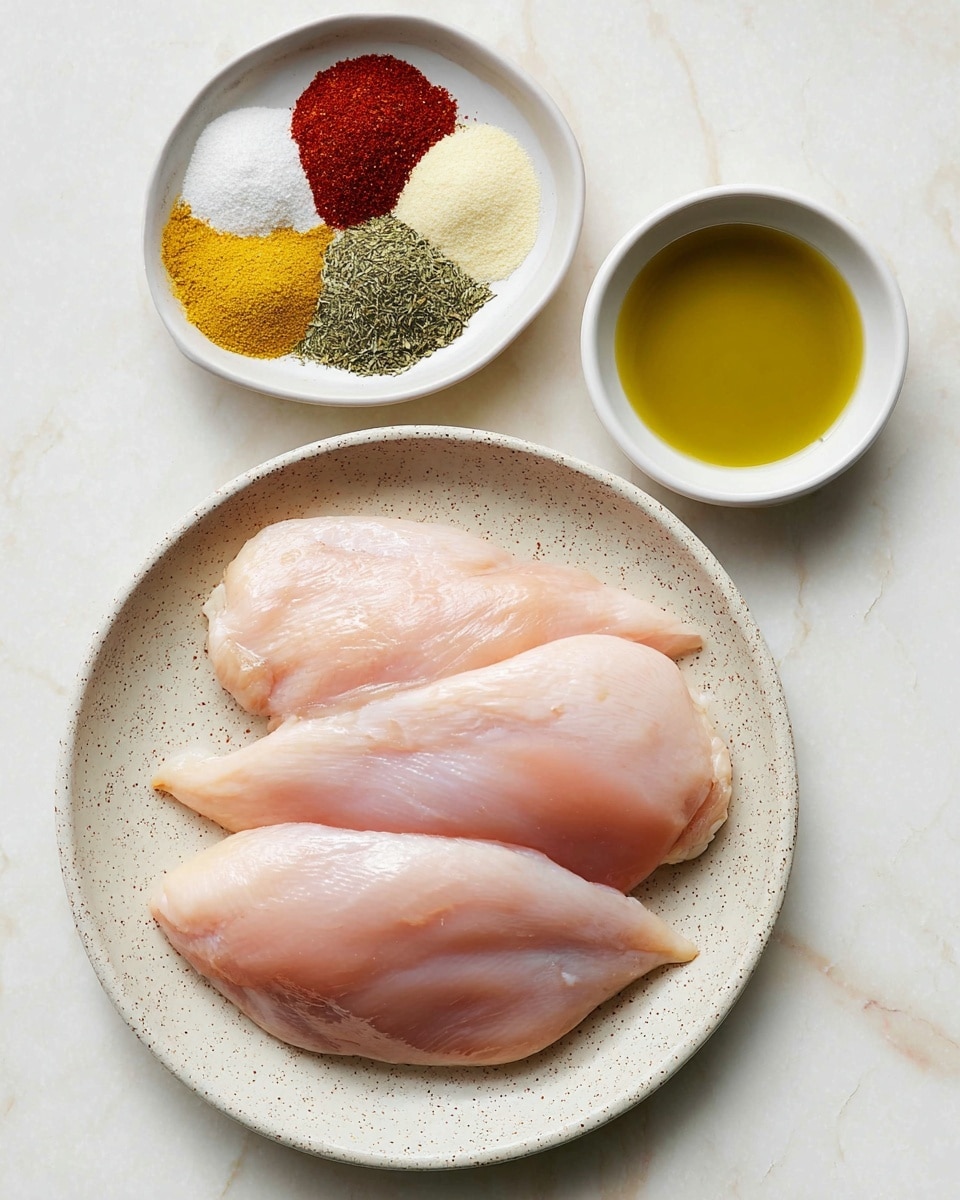 The image shows three raw chicken fillets arranged on a speckled white plate, with smooth and pale pink skin visible. Above the plate, there is a white bowl with seven different seasoning piles lined up in a circle, each with distinct colors: light yellow, white, bright green, pale yellow, red, black pepper mix, and brownish-red. To the right of the bowl, there is a small white bowl filled with golden olive oil. The background is a white marbled texture. photo taken with an iphone --ar 4:5 --v 7