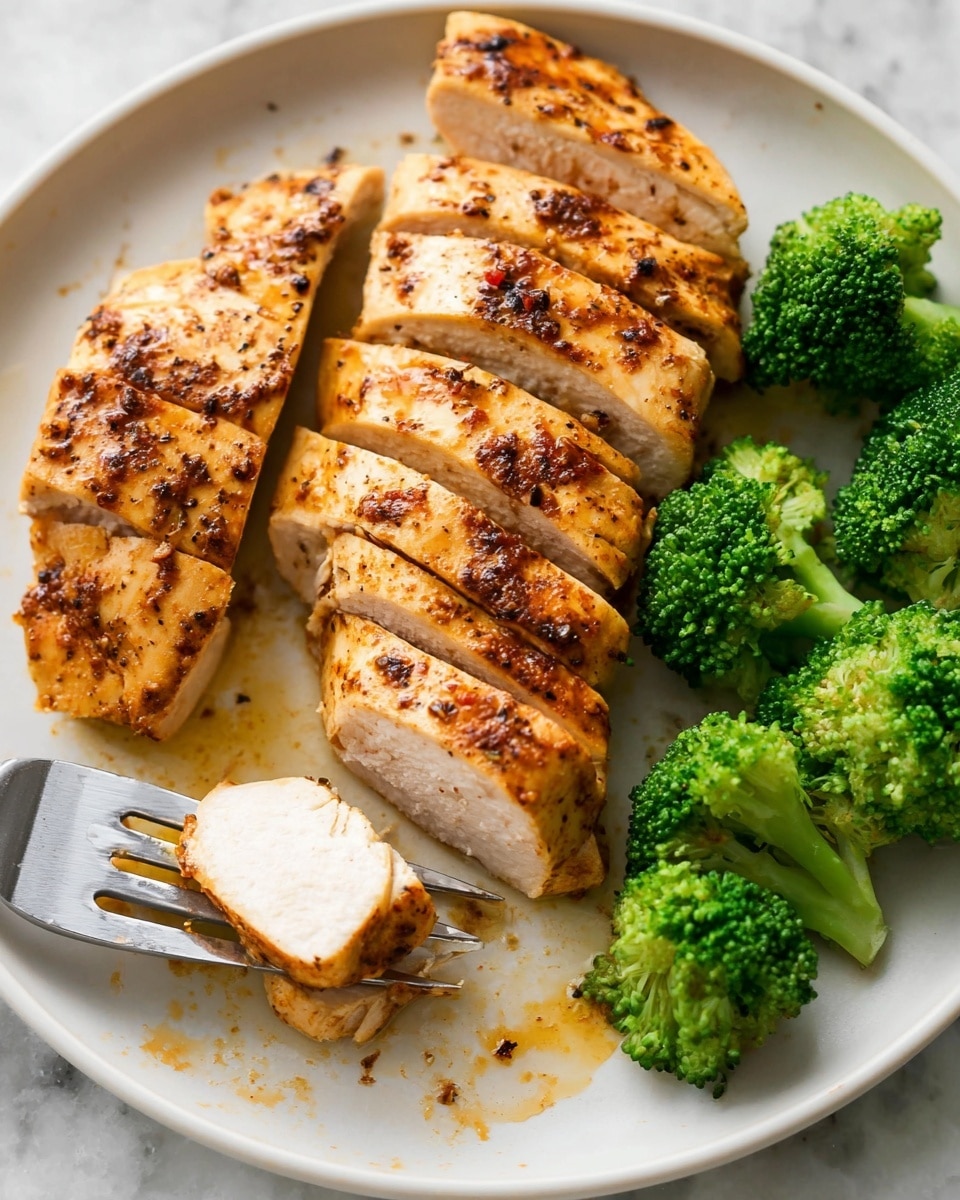 The dish shows a white plate with sliced, cooked chicken pieces arranged in the center, each piece showing a golden-brown surface with dark seasoning spots and a moist, light interior. On the right side of the plate, there are several small, bright green broccoli florets with a fresh, bumpy texture. A silver fork is holding one piece of chicken near the bottom left of the plate, revealing the white, tender inside of the meat. The plate sits on a white marbled surface, and there is a slight amount of juice and seasoning oil visible on the plate. Photo taken with an iphone --ar 4:5 --v 7