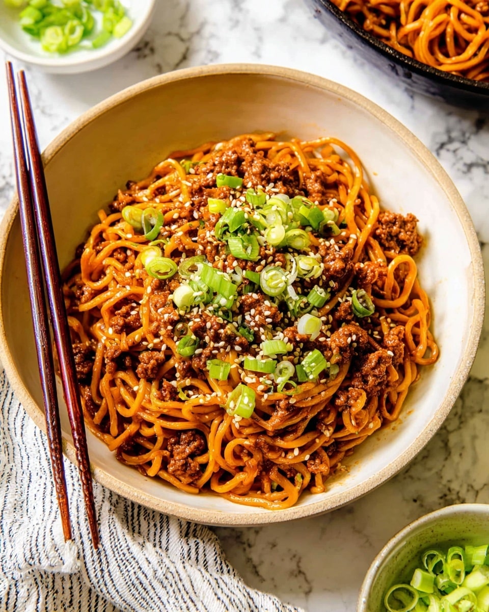A white bowl filled with three main layers: at the bottom are orange-brown noodles tangled together, on top are small pieces of brown cooked meat spread evenly, and sprinkled all over are bright green slices of spring onion and small white sesame seeds. Two dark brown chopsticks rest on the left side of the bowl. The bowl sits on a white marbled surface with a white cloth that has thin black stripes partially visible nearby. In the background, there are parts of another bowl with similar noodles and a small white bowl filled with sliced green onions. Photo taken with an iphone --ar 4:5 --v 7