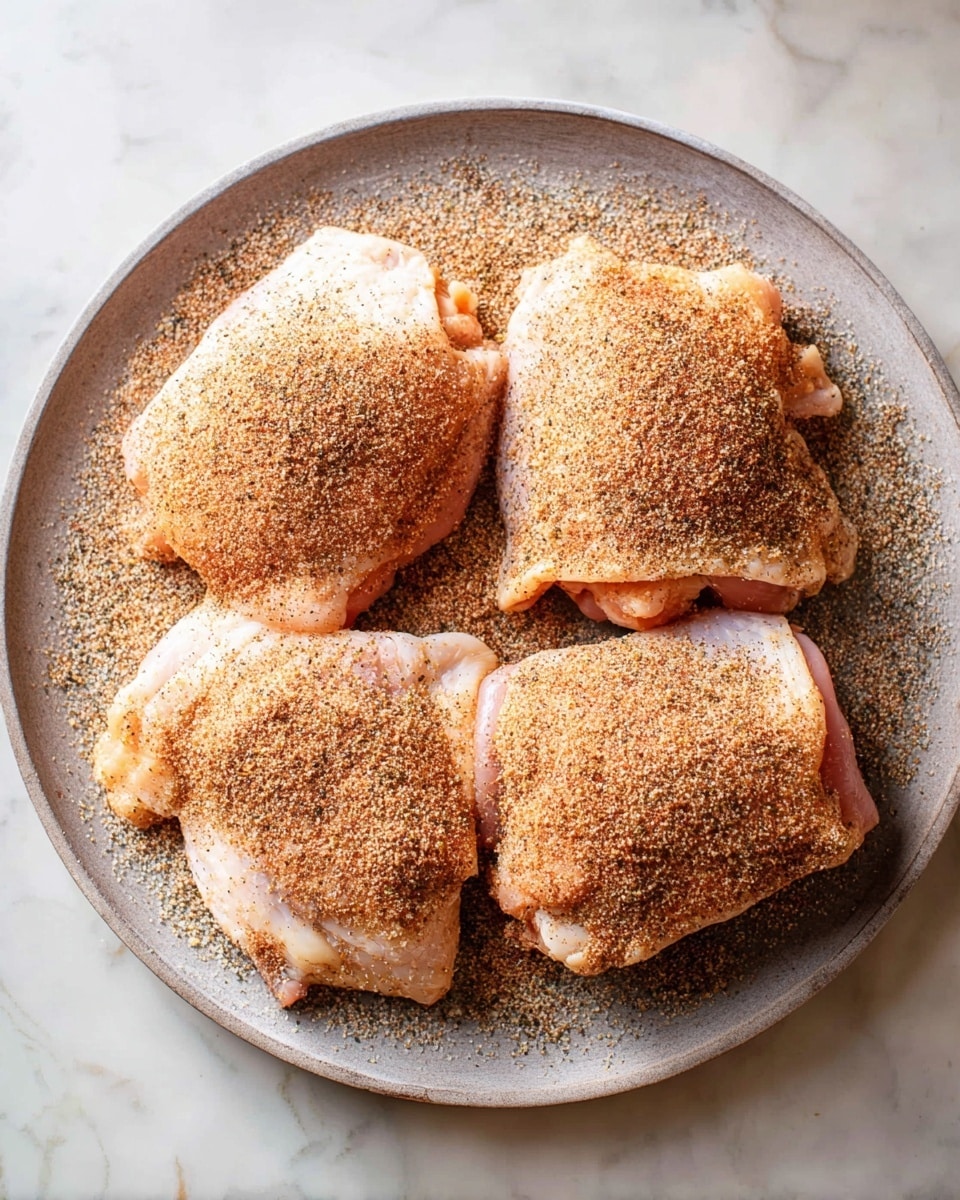 Four pieces of raw chicken thighs are placed on a round white plate. Each piece is covered with a dry rub made of light brown, beige, and darker brown spices, giving a textured and speckled appearance. The chicken skin is pale with a slight pink hue, and the seasoning is evenly spread, creating a powdery layer on top and some scattered around the plate. The plate sits on a white marbled surface with subtle veins, adding a clean contrast to the chicken and spice colors. Photo taken with an iphone --ar 4:5 --v 7