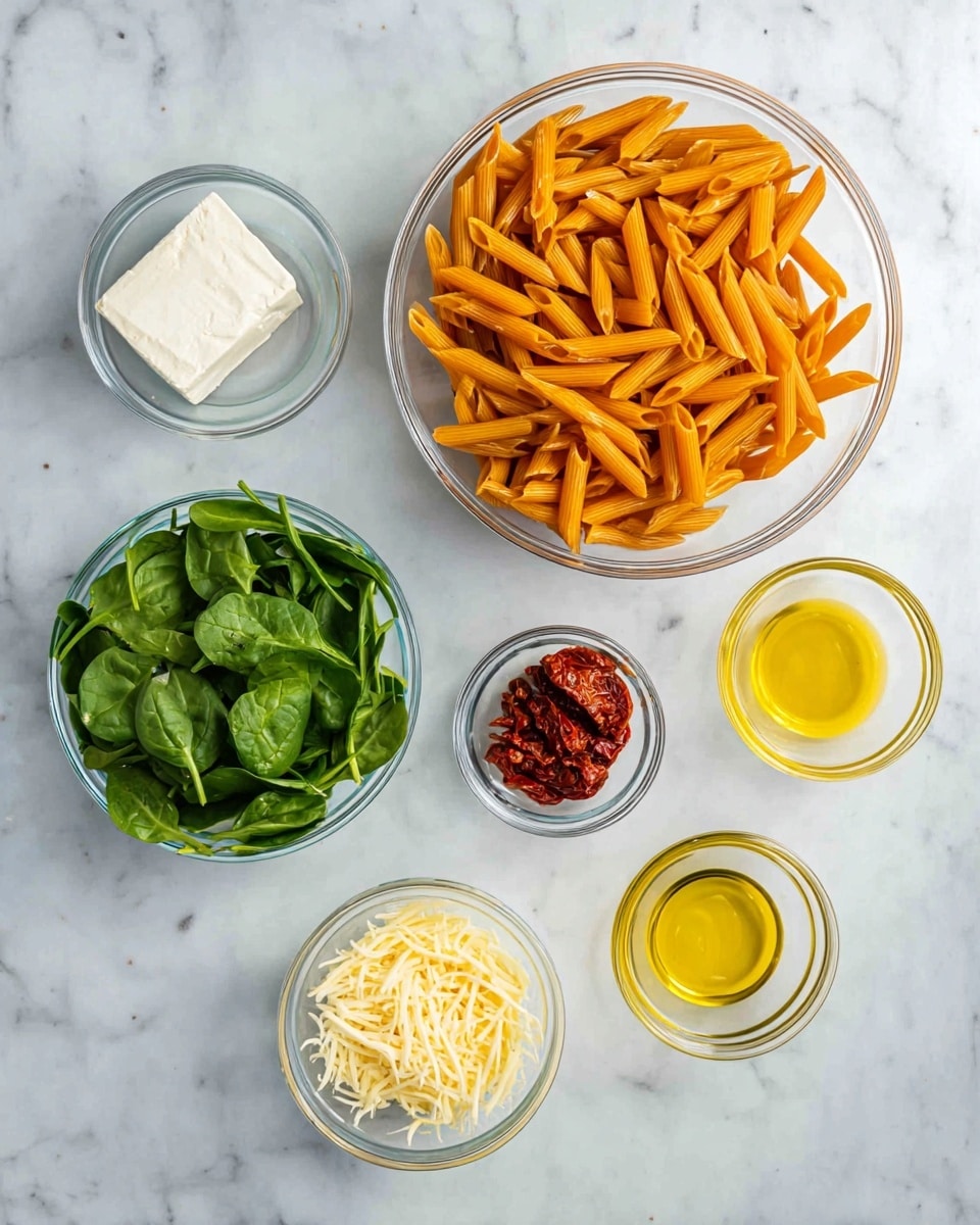 The image shows six clear glass bowls placed on a white marbled surface. The largest bowl at the top center is filled with dry penne pasta, which is orange in color and fills the bowl completely. Below it to the left is a smaller bowl filled with fresh green spinach leaves. To the right of the spinach is a small bowl containing a block of white cream cheese. In the center below the pasta is a small bowl filled with dark red sun-dried tomatoes in oil. Further down on the left is a bowl with pale yellow shaved cheese. On the bottom right, slightly separated, are two small bowls — one with light yellow minced garlic and the other with golden yellow olive oil. The bowls are neatly arranged and the white marbled background gives a clean and fresh look. Photo taken with an iphone --ar 4:5 --v 7