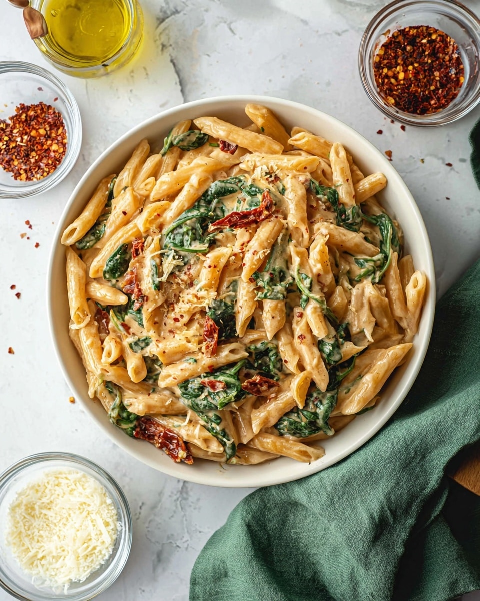 The image shows a white bowl filled with creamy penne pasta mixed with green spinach leaves and bits of sun-dried tomatoes, all coated in a light beige sauce. Around the bowl, there are small glass bowls containing white cheese flakes, red chili flakes, and red pepper oil. The scene is set on a surface with a white marbled texture, and a green cloth napkin is placed near the bowl. photo taken with an iphone --ar 4:5 --v 7