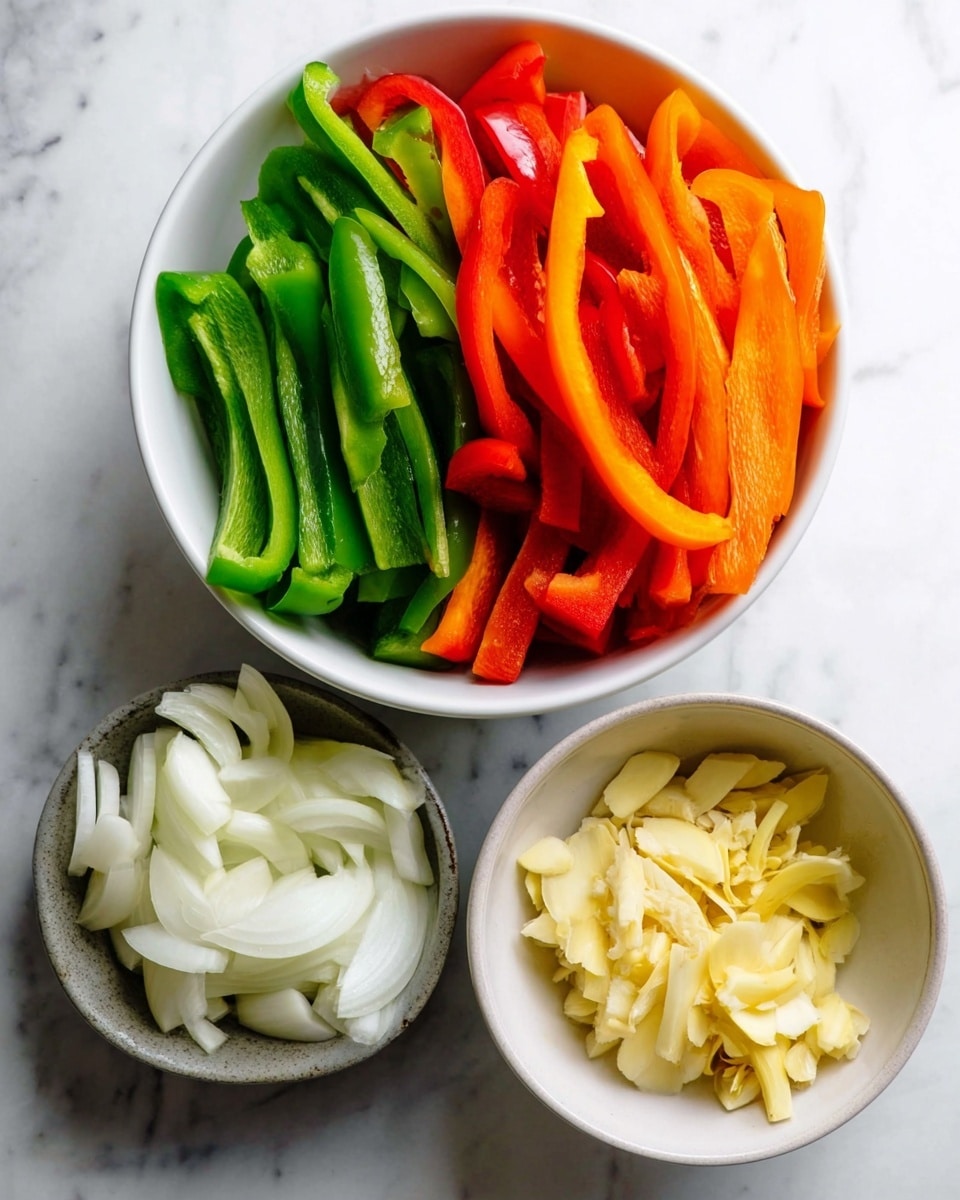 The image shows two white bowls placed on a white marbled surface. The top bowl contains three layers of sliced bell peppers arranged side by side: green on the right, orange in the middle, and red on the left, each with smooth, shiny texture and long, thin slices. The bottom bowl holds three separate piles of ingredients: sliced white onion with curved layers on the right, thinly sliced pale yellow garlic on the left, and thin strips of ginger with a fibrous texture at the bottom. The overall look is fresh, colorful, and well-organized. Photo taken with an iphone --ar 4:5 --v 7