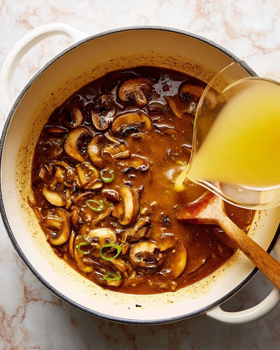 A white pot filled with a rich brown sauce mixed with sliced mushrooms of light and dark brown shades, and thin slices of green chili peppers. The sauce has a thick texture with visible pieces of mushrooms and onions blended in. From the right side, a clear light yellow liquid is being poured into the pot. A wooden spoon with a long handle rests inside the pot, partially covered by the sauce. The pot is placed on a white marbled surface. Photo taken with an iphone --ar 4:5 --v 7