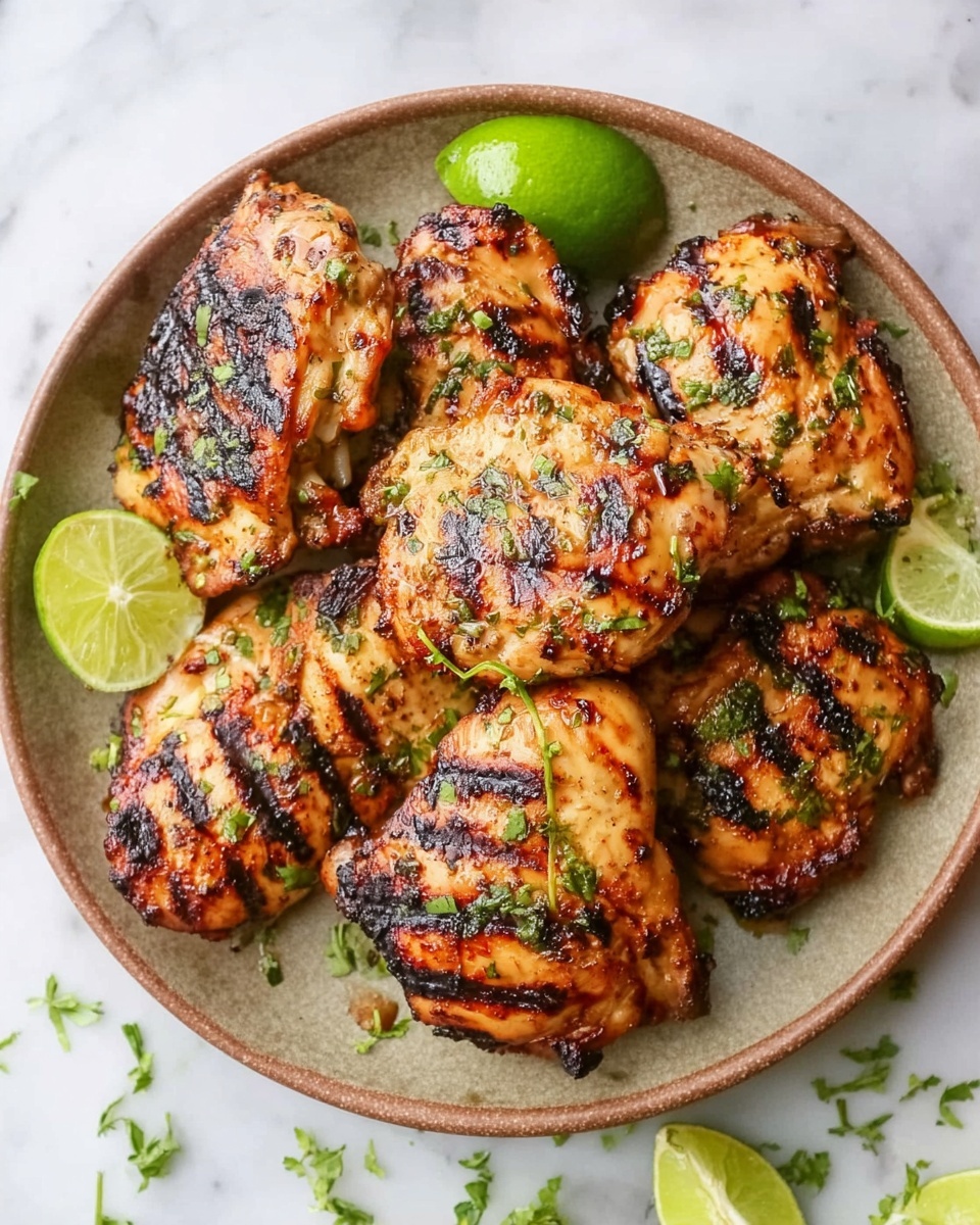 A round brown plate holds seven pieces of grilled chicken, each with a golden-brown and slightly charred surface showing grill marks and fresh green herb sprinkles. The chicken pieces vary in size and shape, arranged in a casual pile that fills the plate. Around the plate, there are green lime halves and some scattered fresh herbs on a white marbled surface. The photo is clear and bright, showing the texture and juicy look of the chicken. photo taken with an iphone --ar 4:5 --v 7