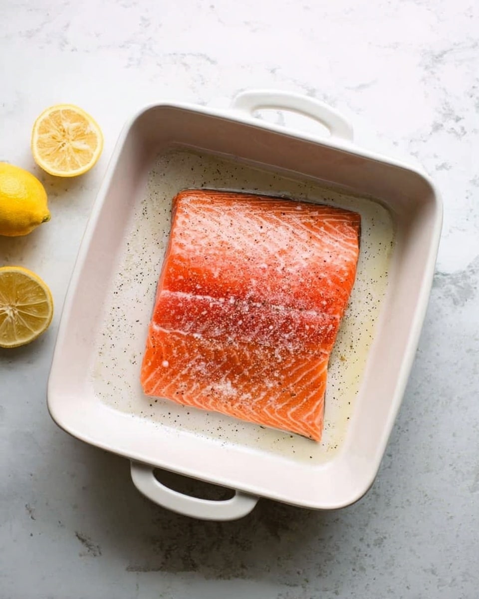 A large piece of raw salmon with a smooth, bright pink-orange color lies flat in a white square baking dish with handles. The salmon is sprinkled evenly with coarse salt and black pepper, glistening slightly with a thin layer of oil. The dish rests on a white marbled textured surface with soft gray veins. Two lemon halves with a pale yellow color are positioned close to the dish on the left side. The photo taken with an iphone --ar 4:5 --v 7