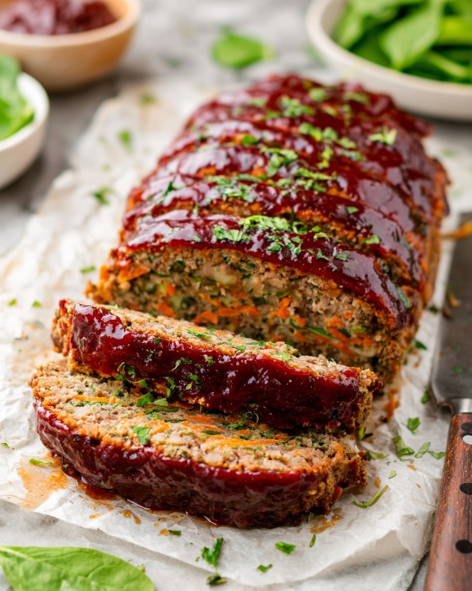 A sliced meatloaf on parchment paper shows four visible layers, each with a brown and textured inside with flecks of orange and green from grated carrots and herbs. The top is covered in a thick, shiny, dark red glaze with some glossy texture and sprinkled with small green herbs. The meatloaf sits on a white marbled surface with a large knife beside it. Around the meatloaf, a few scattered green spinach leaves and bowls with green salad and additional dark red sauce can be seen out of focus. Photo taken with an iphone --ar 4:5 --v 7