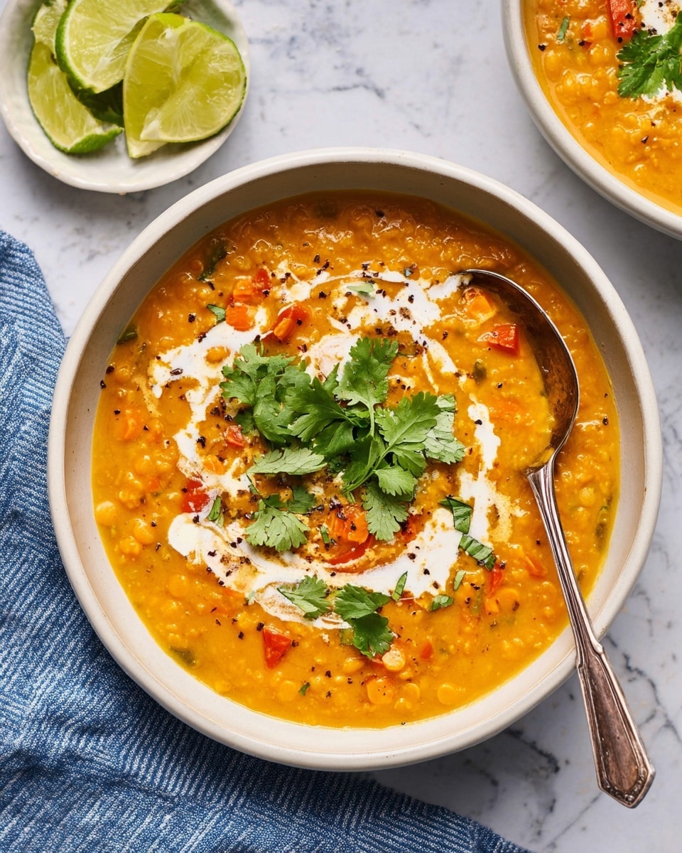 A white bowl filled with thick orange lentil soup dotted with small red and orange vegetable pieces. The soup has a swirl of white cream on top, with a few black pepper specks scattered around. Fresh green cilantro leaves rest in the center of the bowl. A vintage silver spoon is placed inside the bowl, and a small white bowl with green lime wedges is seen on the side. The bowl sits on a white marbled surface with a blue and white striped cloth nearby. photo taken with an iphone --ar 4:5 --v 7