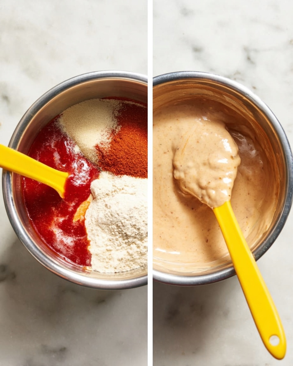 Two side-by-side images show a metal bowl on a white marbled surface. The left image has a metal bowl with several ingredients unmixed: a red sauce, a white creamy substance, beige powder, and a reddish-brown powder on top, with a bright yellow spoon resting inside the bowl leaning to the right. The right image shows the same bowl with all the ingredients mixed into a smooth, light brown sauce. The same yellow spoon is inside the bowl, lifting some of the sauce. Photo taken with an iphone --ar 4:5 --v 7