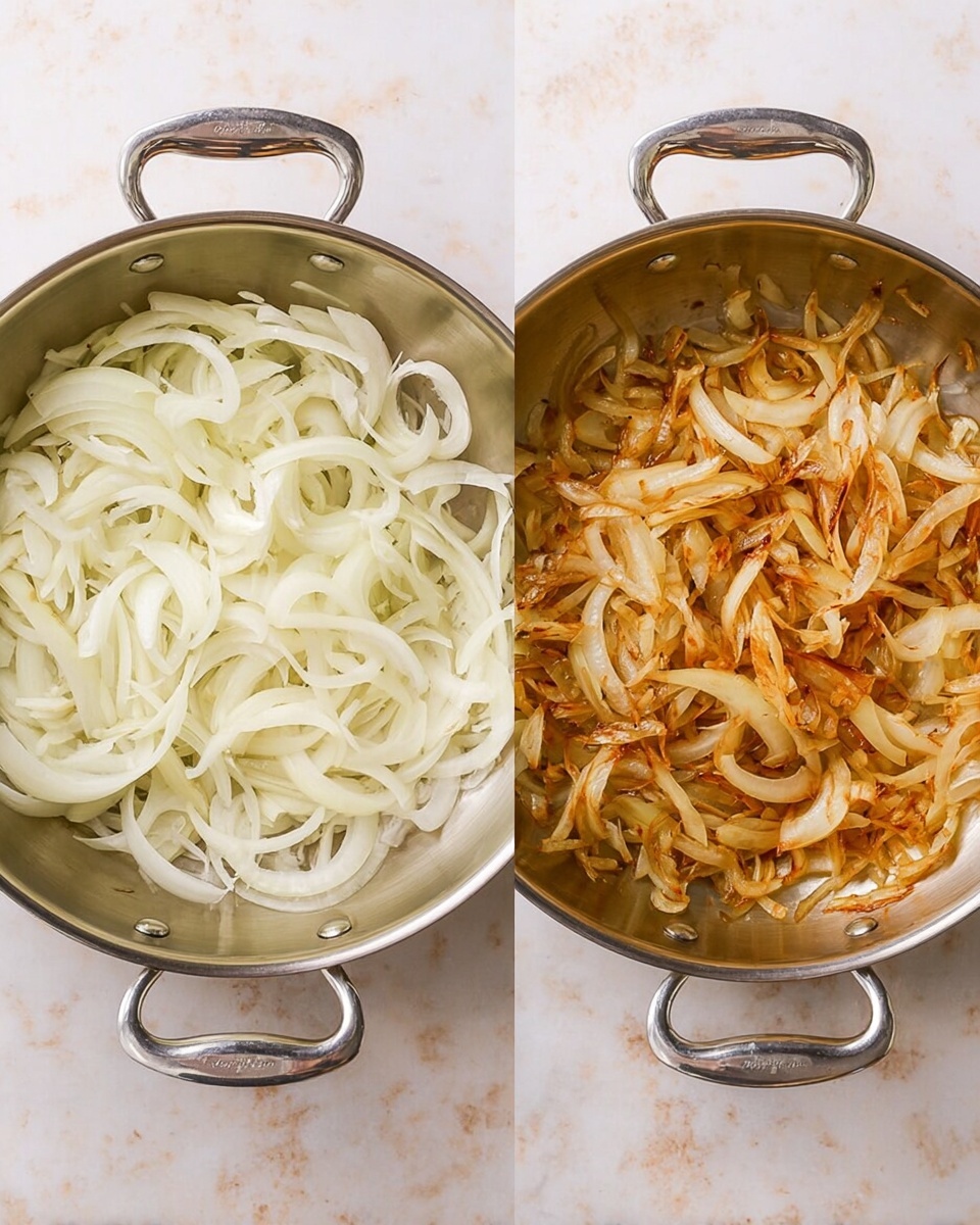 The image shows two round metal pans side by side. The left pan is full of thin, white onion slices evenly spread out, showing smooth textures and curved shapes. The right pan contains the same onions but cooked, with a mix of golden brown and light caramel colors, giving a soft and slightly crisp look. Both pans have a shiny metal surface with two handles at the sides, placed on a white marbled texture background. Photo taken with an iphone --ar 4:5 --v 7