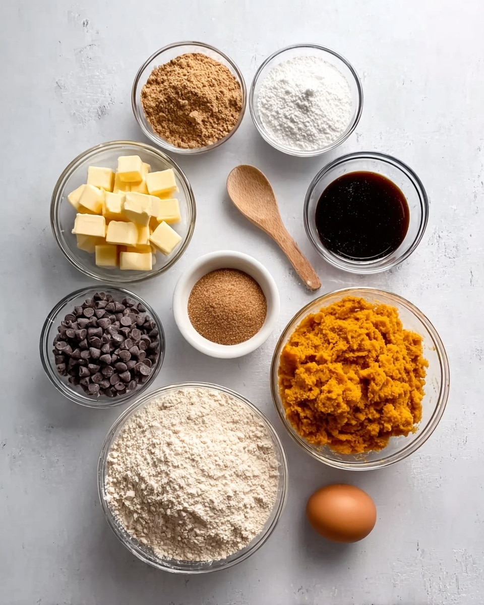 The image shows ingredients arranged neatly on a white marbled surface. There are seven clear bowls and one egg placed separately. The top row has three bowls with light brown powder, white powder, and dark liquid, placed from left to right. Below and slightly to the left, there is a small white bowl filled with cubed yellow butter. To the right of the butter, there is a wooden spoon inside a clear bowl full of dark chocolate chips. The bottom row has two large clear bowls: one filled with light beige flour on the left and one filled with bright orange pumpkin puree on the right. In front of them is a smaller clear bowl containing a mixture of brown sugar. A single brown egg is placed to the right of these bowls. The entire setup is simple and clean. Photo taken with an iphone --ar 4:5 --v 7