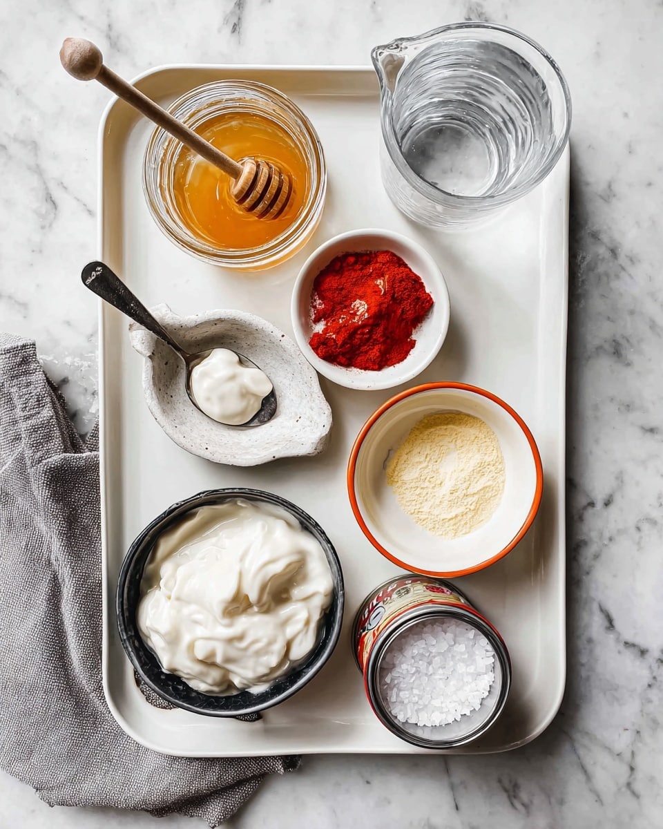 The image shows a white tray with seven items arranged neatly on it over a white marbled surface. On the top left is a small glass jar filled with golden honey with a wooden dipper resting inside it. Next to it, to the right, is a small white bowl containing bright red powder. To its right is a small white bowl with an orange rim filled with pale yellow powder. Below the honey jar, there is a tarnished silver spoon holding a dollop of thick white cream. In the center near the bottom left is a small black bowl filled with smooth, creamy white yogurt. Next to it in the center is a white marble bowl holding coarse white salt. At the bottom right, there is a clear glass jug filled with water. Above the jug, slightly to the right, is an open can with shiny red chunks of tomato inside. A folded grey cloth napkin is placed under the spoon on the bottom left corner. Photo taken with an iphone --ar 4:5 --v 7