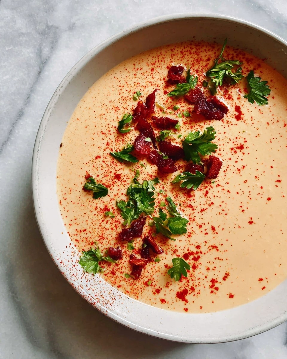 A close-up top view of a large shallow white bowl filled with smooth creamy beige soup, topped on one side with small scattered pieces of deep red roasted vegetables and fresh green parsley leaves. A light dusting of red spice powder runs in a line across the soup near the toppings. The bowl sits on a white marbled surface. photo taken with an iphone --ar 4:5 --v 7