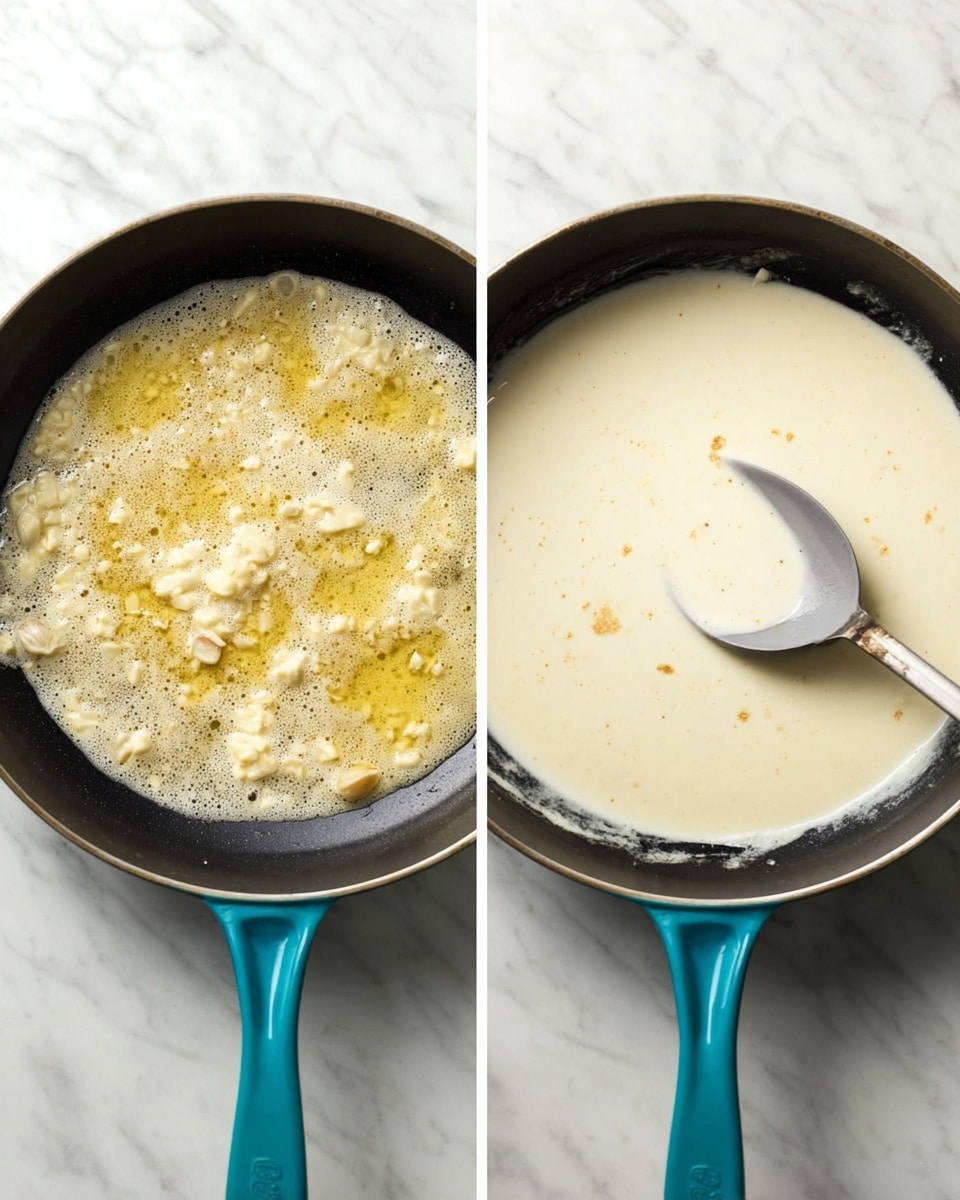 Two images show a stovetop pan with a teal handle set on a white marbled surface. The left image has bubbling melted butter in the black pan, with clumps of garlic floating in the yellowish liquid. The right image shows the same pan now filled with a smooth, creamy white sauce with a few light brown spots on top, and a gray spoon resting inside the pan. photo taken with an iphone --ar 4:5 --v 7