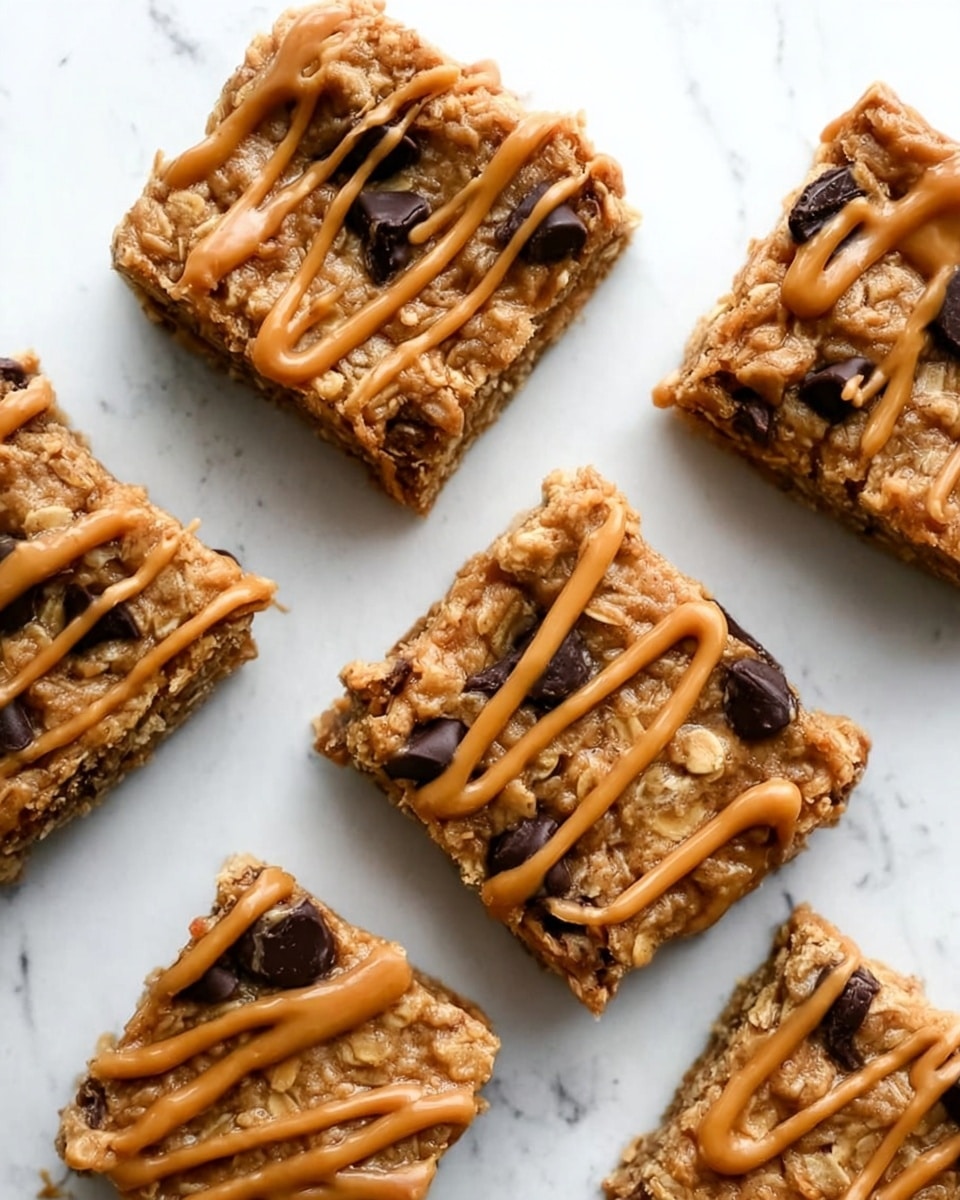 The image shows five square oatmeal cookie bars arranged on a white marbled surface. Each square has a textured top with visible oatmeal flakes and scattered dark chocolate chunks. Golden caramel or peanut butter sauce is drizzled in thin, wavy lines across the tops of the bars, adding a smooth and shiny contrast to the rough oatmeal texture. The bars have a light brown color with darker spots from the chocolate, and they sit flat against the white marbled background. photo taken with an iphone --ar 4:5 --v 7