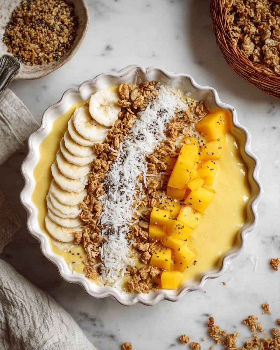 A white scalloped bowl holds a thick yellow smoothie base that fills the bottom layer. On top, there are four distinct horizontal rows: on the left, thinly sliced pale banana pieces neatly lined up; next, a row of shredded white coconut flakes; then a row of golden brown granola clusters; and lastly, a row of bright yellow mango cubes. The whole bowl is sprinkled evenly with small black chia seeds. The bowl sits on a white marbled surface with some scattered granola pieces around it, and a woven basket with more granola can be seen in the upper right corner. photo taken with an iphone --ar 4:5 --v 7