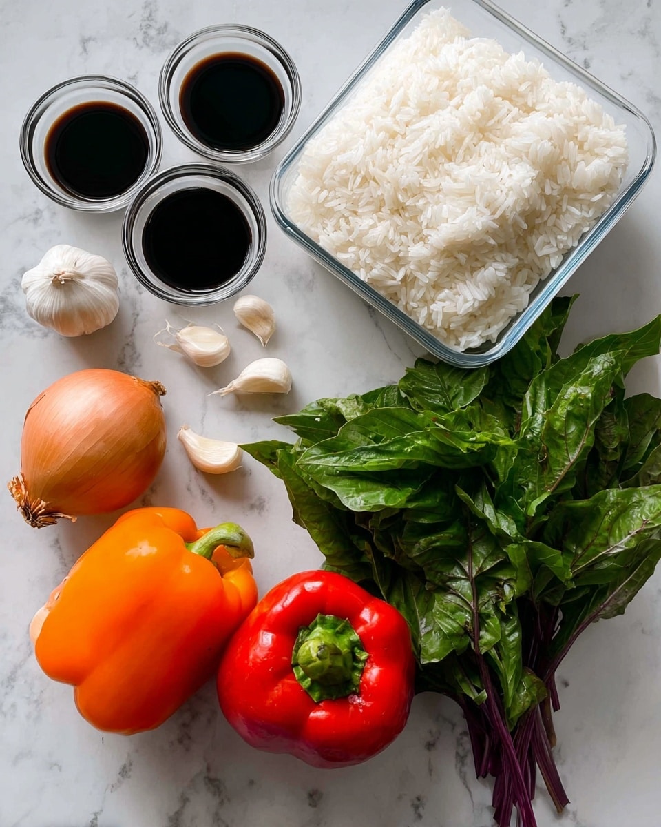 The image shows several fresh ingredients arranged on a white marbled surface. There is a bunch of dark green leafy herbs with purple stems on the right side. To the left, there is one orange bell pepper and one red bell pepper, both smooth and shiny. Above the peppers, a whole light brown onion and three cloves of garlic are placed. Near the top left, there are four small glass cups filled with dark soy sauce. In the upper right corner, a square clear glass container holds fluffy white cooked rice. The setup is clean with natural light illuminating the fresh colors photo taken with an iphone --ar 4:5 --v 7