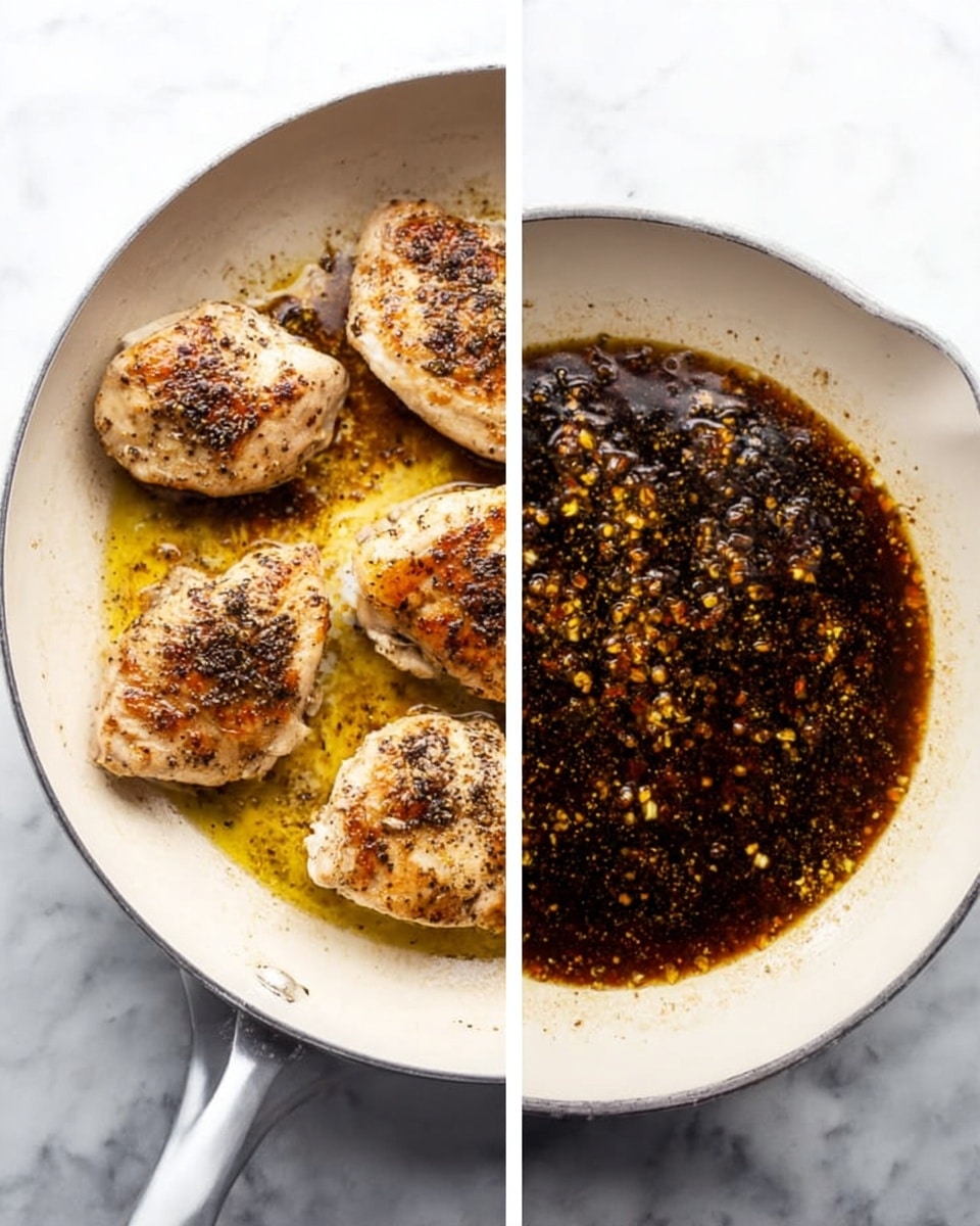 The image shows a white cast iron pan placed on a white marbled surface. In the left side of the image, there are four light brown pieces of cooked chicken with some black pepper seasoning on top, sitting in the pan with a slight shine from cooking oil. In the right side, the pan contains a dark brown liquid sauce with small yellow bits, simmering and bubbling on the surface. The pan handle extends to the bottom left corner of the image. Photo taken with an iphone --ar 4:5 --v 7