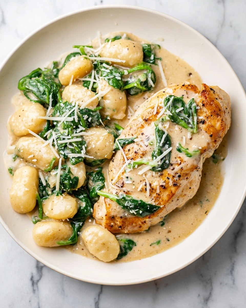 On a white plate, there is a piece of cooked chicken with a light brown outside and a creamy sauce with green spinach leaves on top. Next to the chicken are small, round gnocchi covered in the same creamy sauce with spinach mixed in. The sauce is light beige and creamy, making the dish look soft. Grated white cheese is sprinkled on the chicken, gnocchi, and sauce, adding texture. The plate is shown on a white marbled surface. photo taken with an iphone --ar 4:5 --v 7