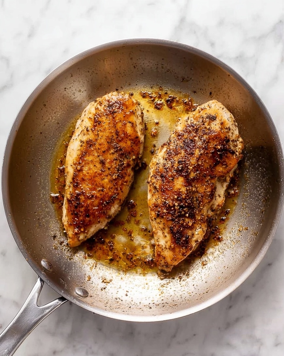 Two cooked pieces of chicken with a browned, seasoned crust are in a silver metal frying pan. The chicken pieces are placed side by side in the center of the pan, showing a contrast between light and dark brown from cooking. There are small bits of crispy seasoning stuck to the chicken surface and some oil and juices pooled around them. The pan has a simple, shiny metal handle visible on the left side, and the pan sits on a white marbled surface. Photo taken with an iphone --ar 4:5 --v 7