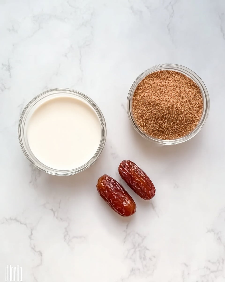 The image shows a white marbled surface with three items arranged neatly on it. On the left, there is a clear glass bowl filled with a creamy white liquid that looks smooth. On the right, there is another clear glass container holding a coarse brown powder. In the middle, two shiny, reddish-brown dates are placed side by side, showing their smooth and slightly wrinkled texture. The setup is simple and clean, with soft natural lighting. photo taken with an iphone --ar 4:5 --v 7