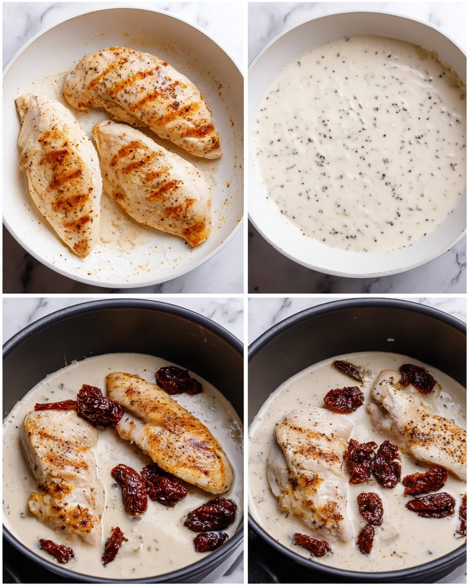 The image shows four steps of cooking chicken with sauce and dried tomatoes. The first part has four pieces of cooked chicken with light brown grill marks on a white pan with some brown oil spots. The second part is a smooth white cream sauce with small black pepper specks in a white pan. In the third part, the four browned chicken pieces sit in the white sauce inside a black pot, showing a mix of light brown chicken skin and creamy white sauce. The last part adds dark red dried tomatoes scattered on top of the chicken and sauce in the black pot. The background is a white marbled surface photo taken with an iphone --ar 4:5 --v 7