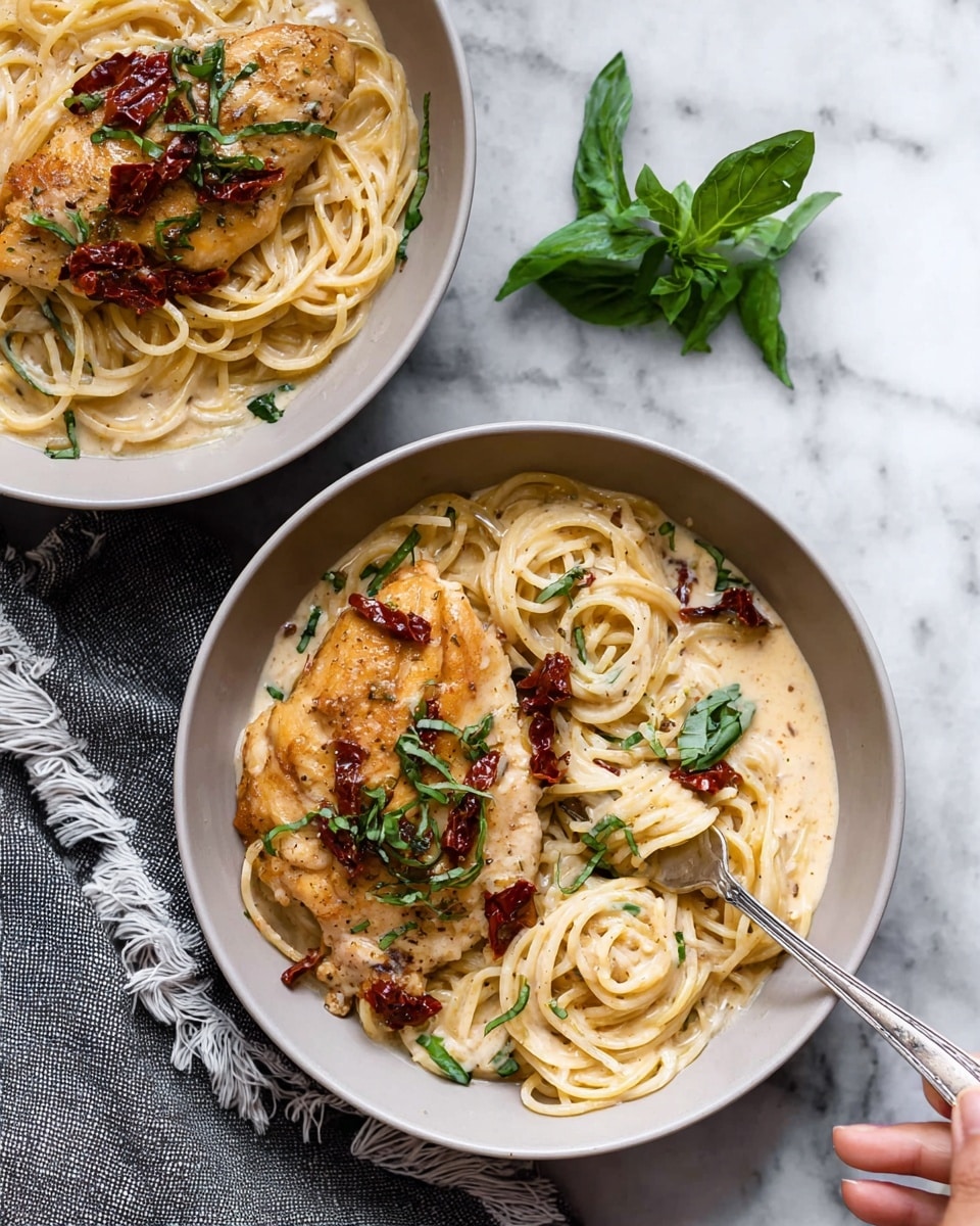 Two white bowls sit on a white marbled surface, each filled with a creamy sauce pasta dish. In each bowl, the bottom layer is light beige creamy sauce, topped with a portion of light yellow spaghetti noodles. The noodles are slightly glossy and mixed with small pieces of dark red sun-dried tomatoes. On top of the noodles rests a piece of golden-brown cooked chicken covered partially in the creamy sauce. Green basil leaves are scattered on top and next to the chicken for color contrast. A silver fork held by a woman's hand is placed in the front bowl, piercing a piece of chicken. A small sprig of fresh basil lies on the marble near the bowls, and a grey fringed cloth is visible on the left side. Photo taken with an iphone --ar 4:5 --v 7