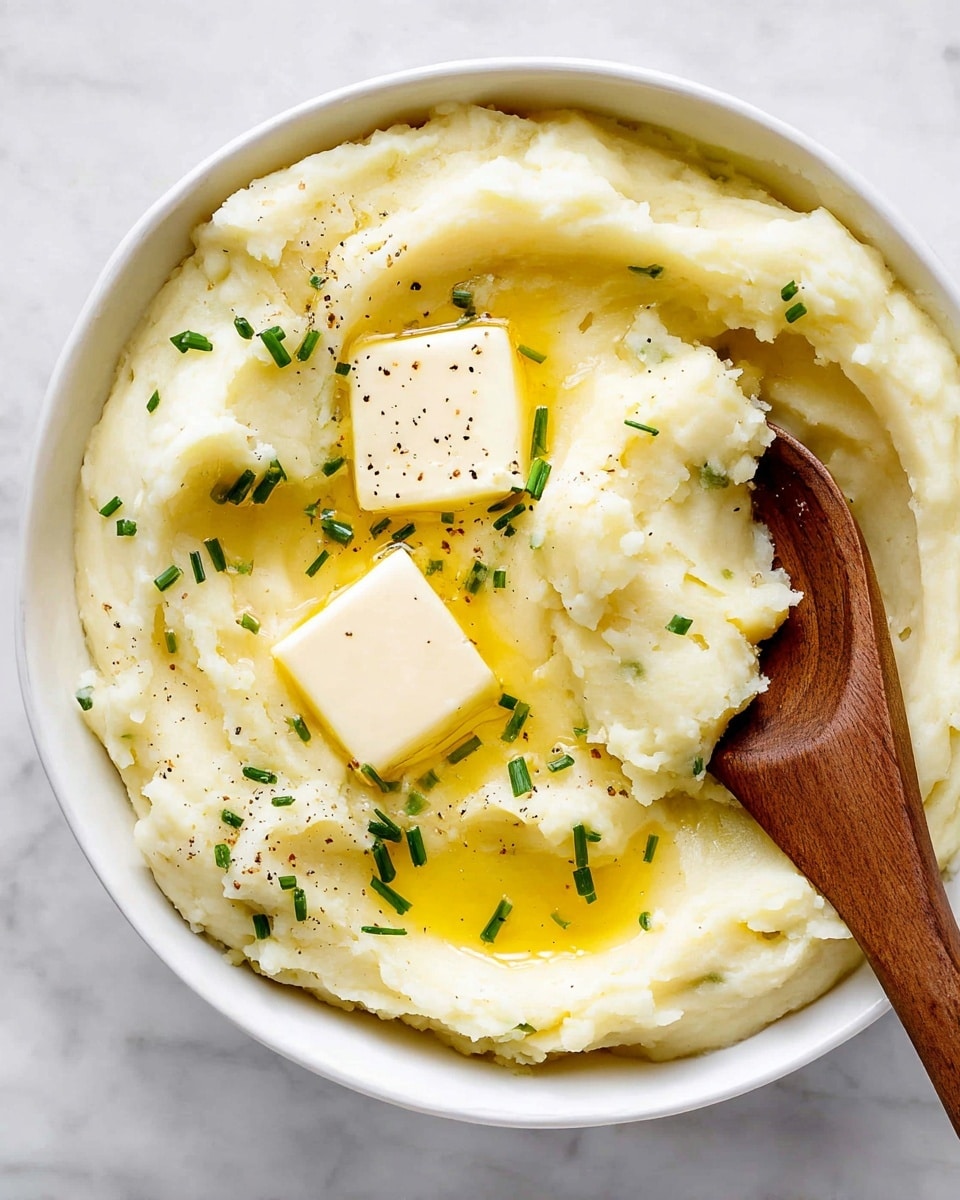 A white bowl filled with creamy mashed potatoes that have a soft, smooth texture. Two square pats of yellow butter sit on top, melting into small pools with a shiny, oily surface. Small green chive pieces are scattered over the butter and potatoes, along with specks of black pepper. A wooden spoon rests inside the bowl, slightly scooping the mashed potatoes, all placed on a white marbled surface. photo taken with an iphone --ar 4:5 --v 7