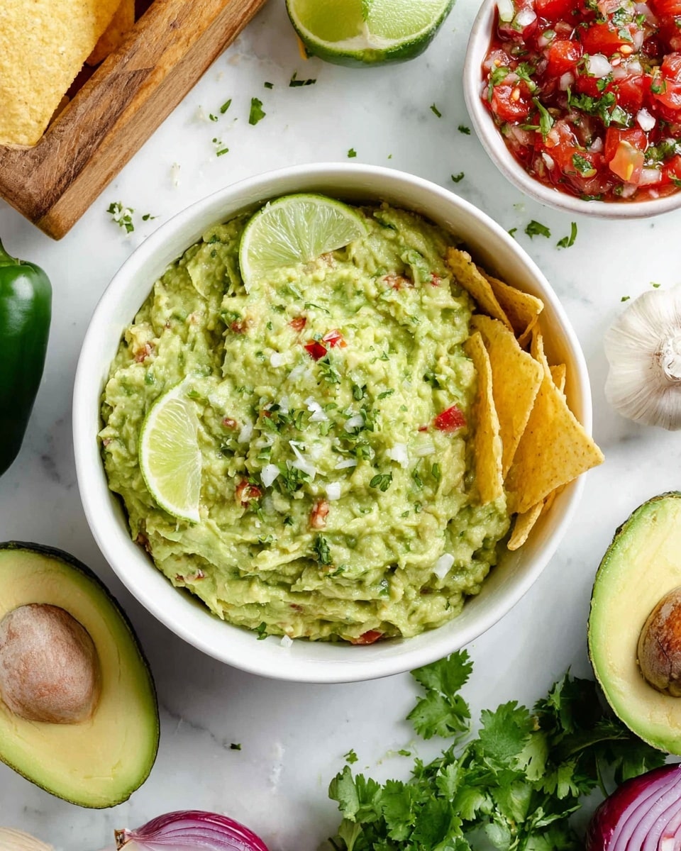 A white bowl filled with green guacamole that has a creamy and slightly chunky texture with bits of red tomato and herbs mixed in. Two light yellow tortilla chips are placed partially in the guacamole on the right side. Two thin slices of lime rest on top of the guacamole on the left side. Around the bowl on a white marbled surface, there are fresh ingredients including a bowl of red chunky salsa with green herbs and white onion, a half green jalapeño pepper with white seeds, whole and halved ripe avocados showing their green flesh and brown seed, garlic cloves, a bunch of green cilantro leaves, and a piece of red onion on the right. Photo taken with an iphone --ar 4:5 --v 7