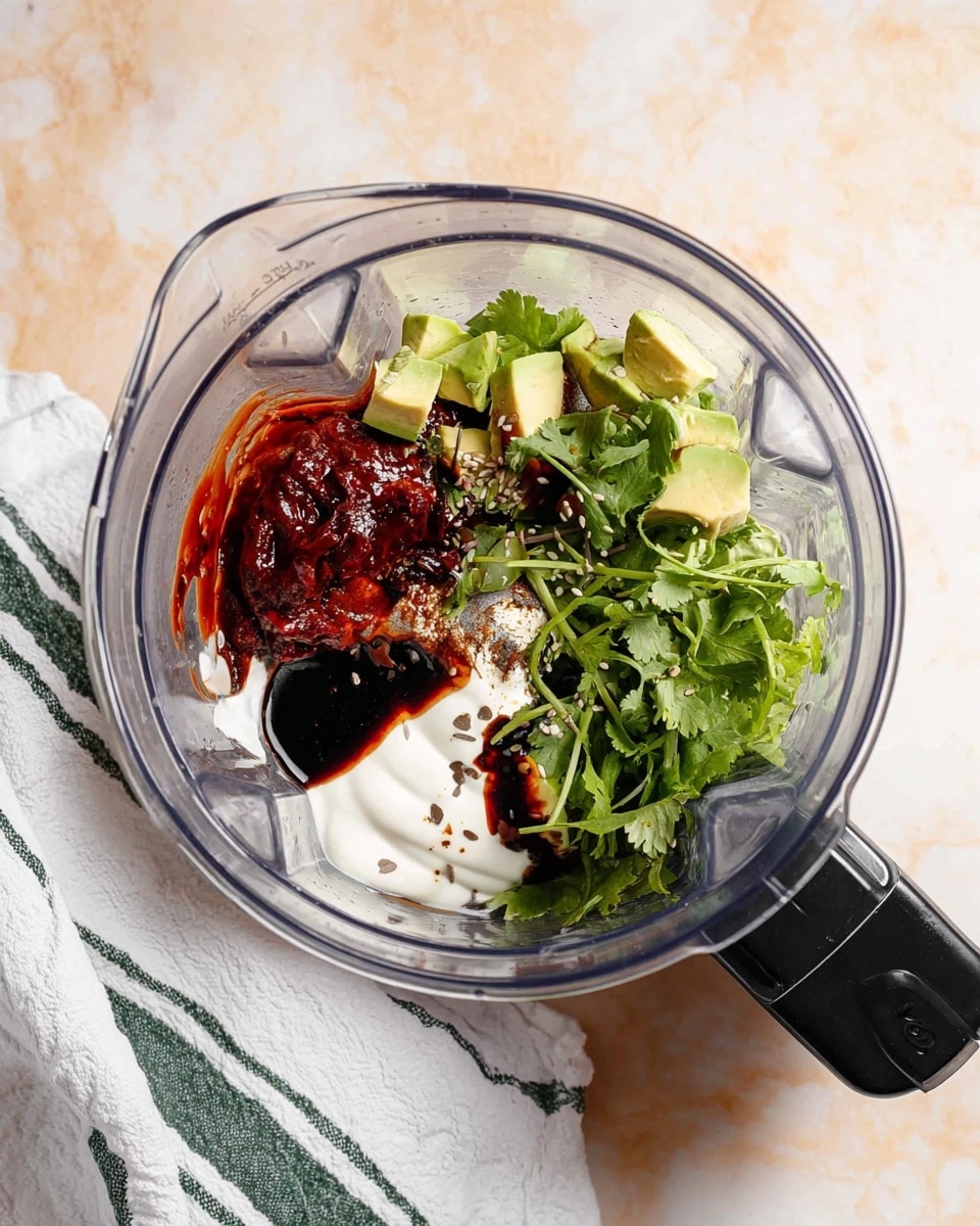 A clear blender bowl on a white marbled surface holds several ingredients layered inside. At the bottom is a layer of green cilantro leaves with stems. On top of that, there is a layer of white creamy yogurt. Next to the yogurt, there are chunks of light green avocado. On top of these, there is a spread of dark red sauce, likely a chili or tomato sauce, and a small drizzle of black soy sauce-like liquid. The mix of textures ranges from smooth yogurt and avocado to leafy herbs and thick sauces. The blender handle is black and positioned on the right side of the image. A white cloth with green and black stripes is partially visible under the blender at the bottom of the photo. Photo taken with an iphone --ar 4:5 --v 7